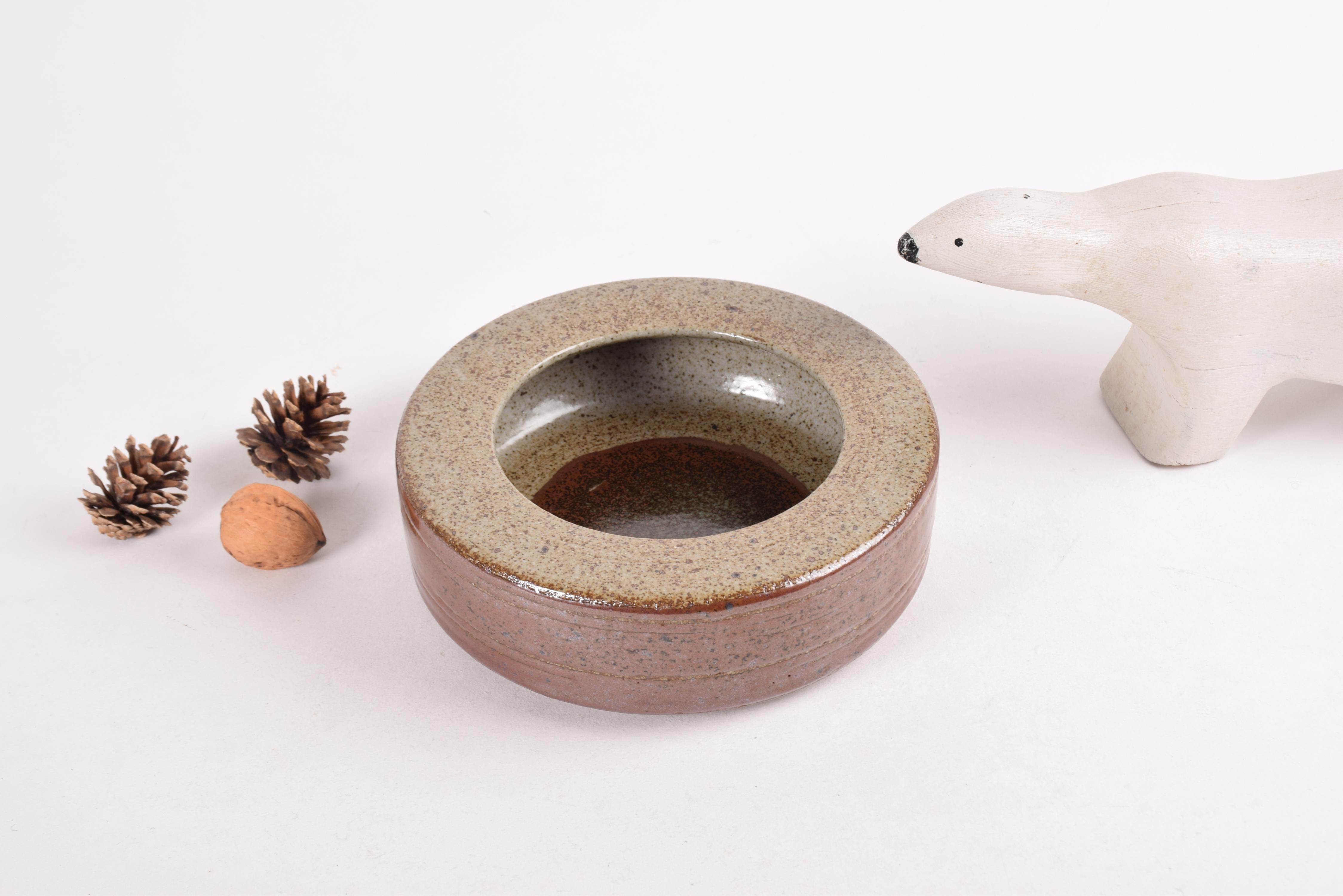 20th Century Palshus Low Circular Bowl with Brown Beige Glaze Danish Midcentury Ceramic 1960s