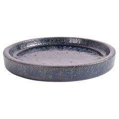 Palshus Low Round Bowl Dish with Dark Blue Glaze, Danish Modern Ceramic 1960s