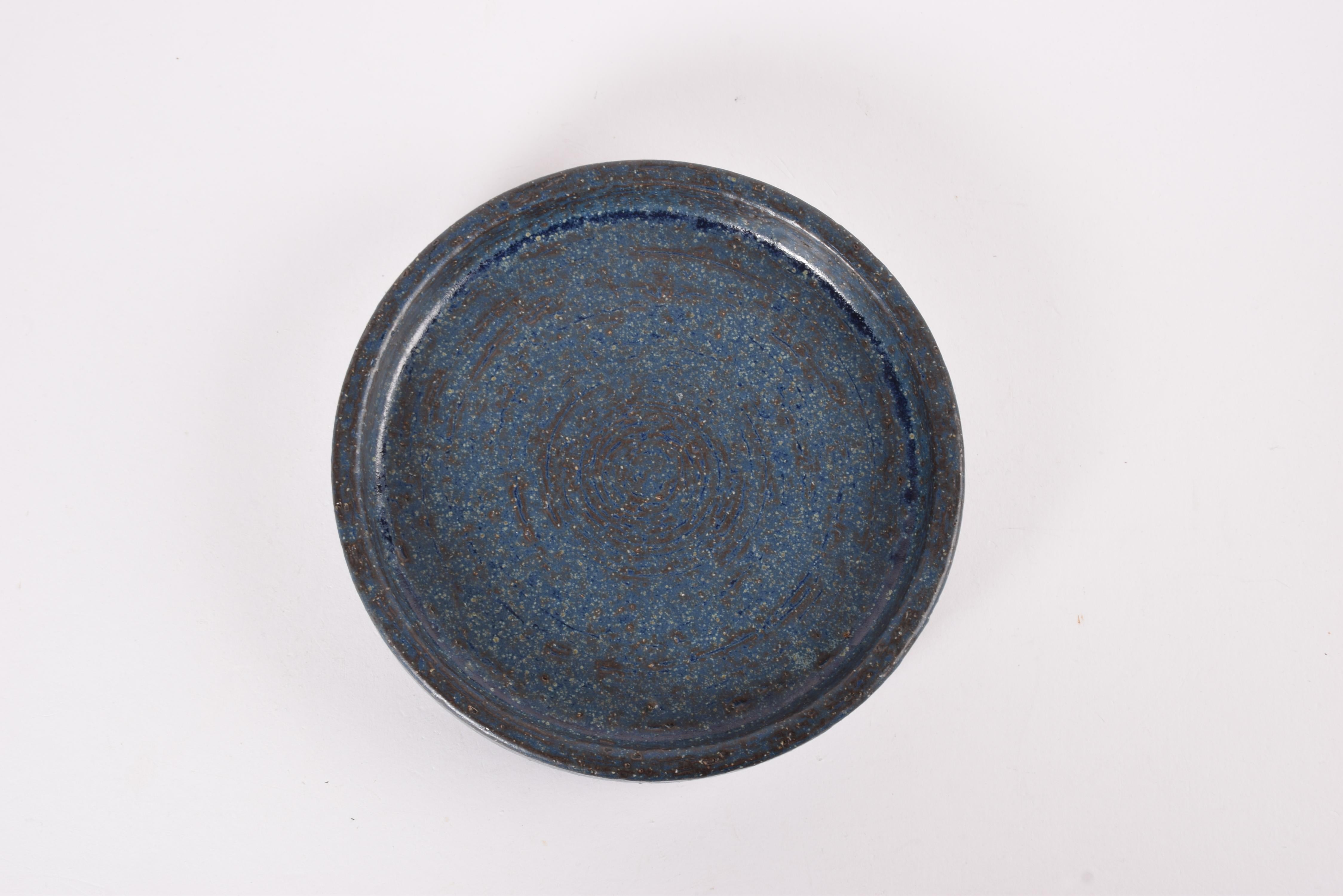 Scandinavian Modern Palshus Low Round Bowl Dish with Dark Blue Glaze, Danish Modern Ceramic 1960s For Sale