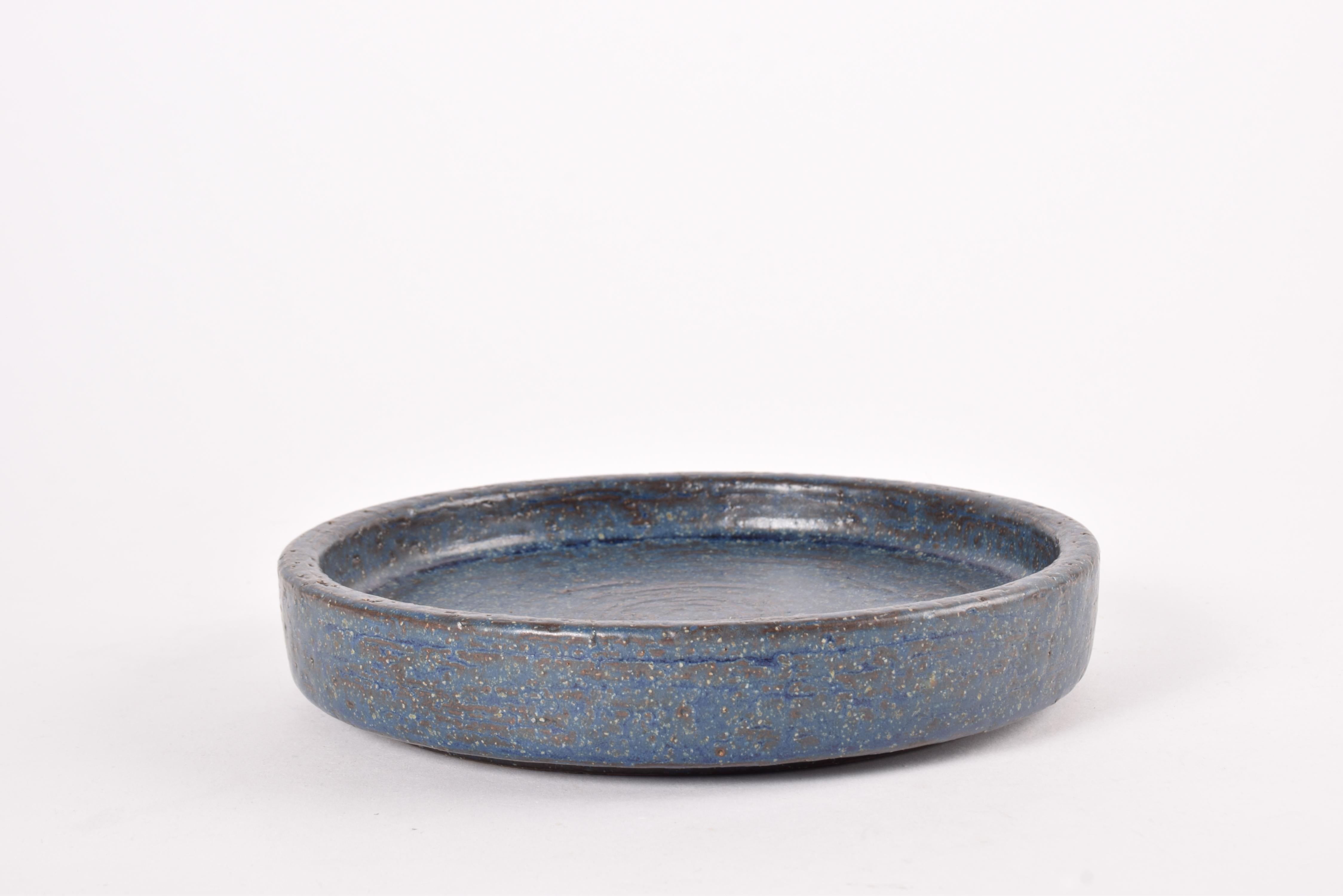 Glazed Palshus Low Round Bowl Dish with Dark Blue Glaze, Danish Modern Ceramic 1960s For Sale