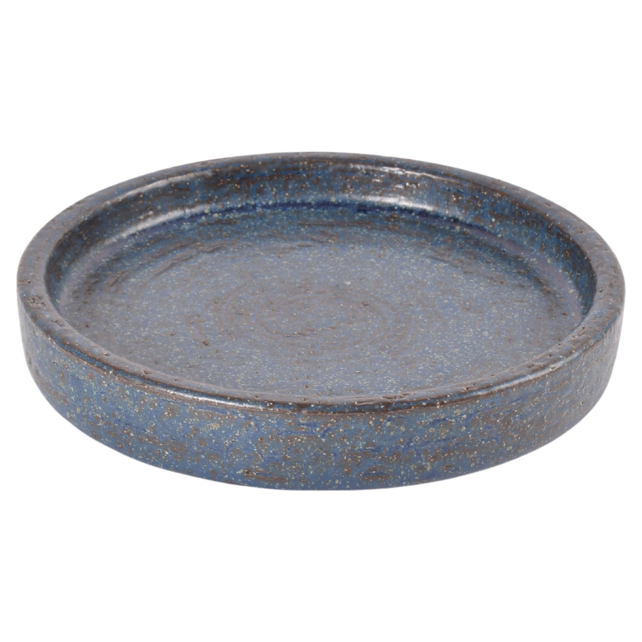 Palshus Low Round Bowl Dish with Dark Blue Glaze, Danish Modern Ceramic 1960s For Sale