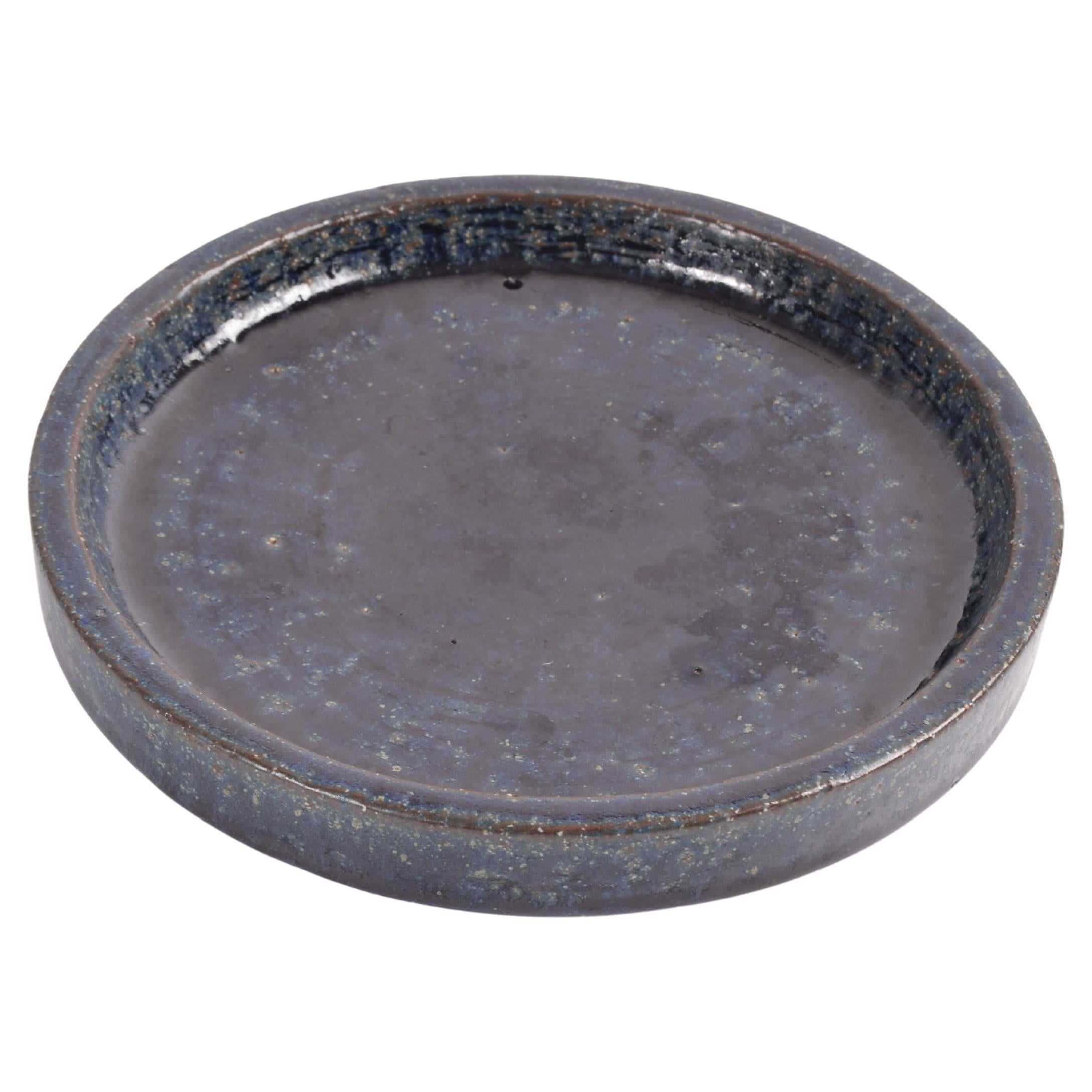 Palshus Low Round Bowl Dish with Dark Blue Glaze, Danish Modern Ceramic 1960s