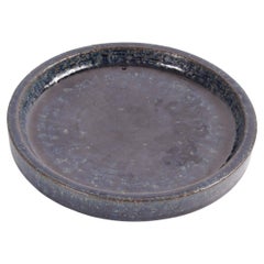 Palshus Low Round Bowl Dish with Dark Blue Glaze, Danish Modern Ceramic 1960s