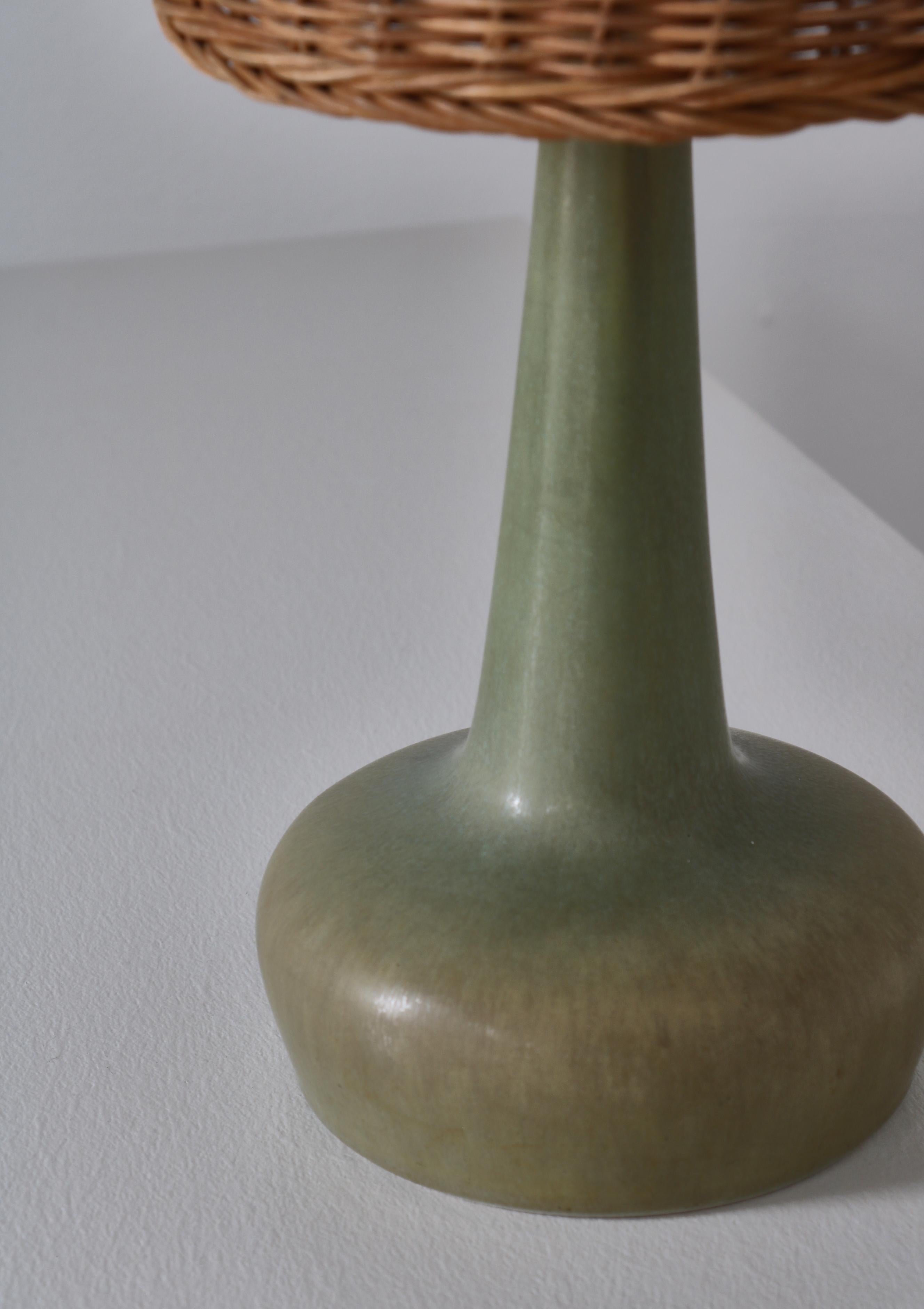 Mid-20th Century Palshus Stoneware Table Lamp Wicker Shade, Denmark by Esben Klint, 1970s For Sale