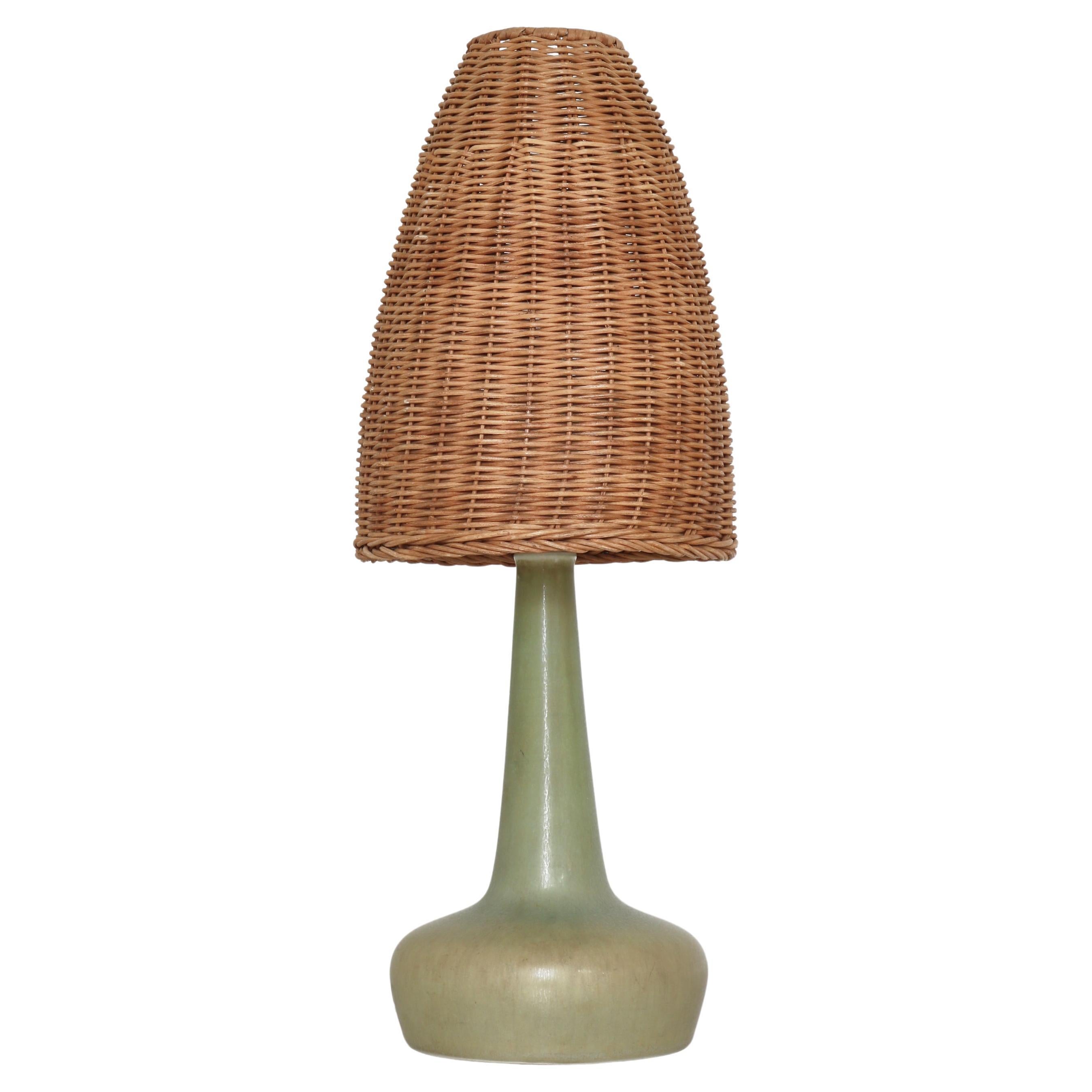 Palshus Stoneware Table Lamp Wicker Shade, Denmark by Esben Klint, 1970s For Sale