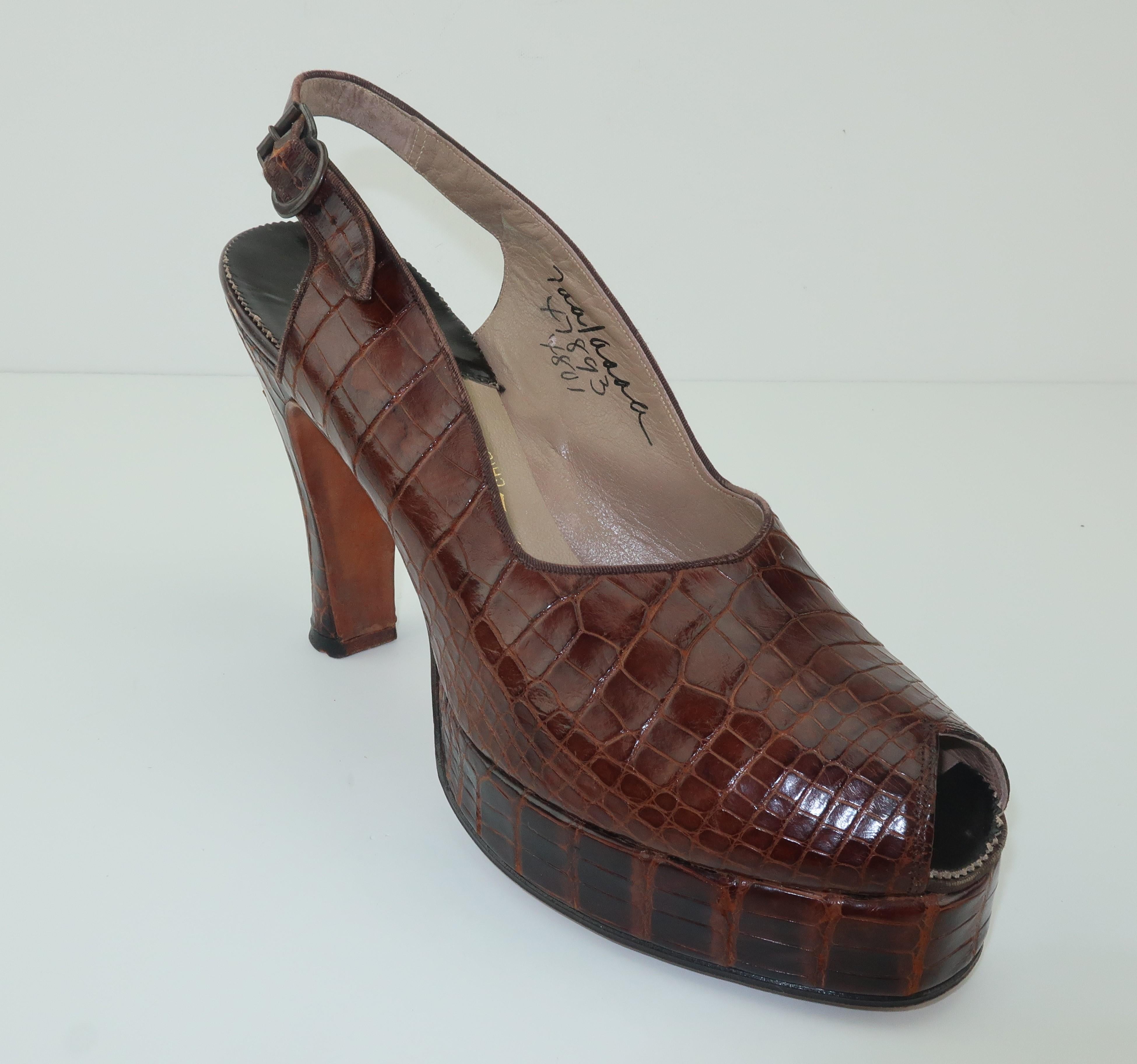 Palter DeLiso 1940's Alligator Peep Toe Platform Shoes Sz 7AA 4
