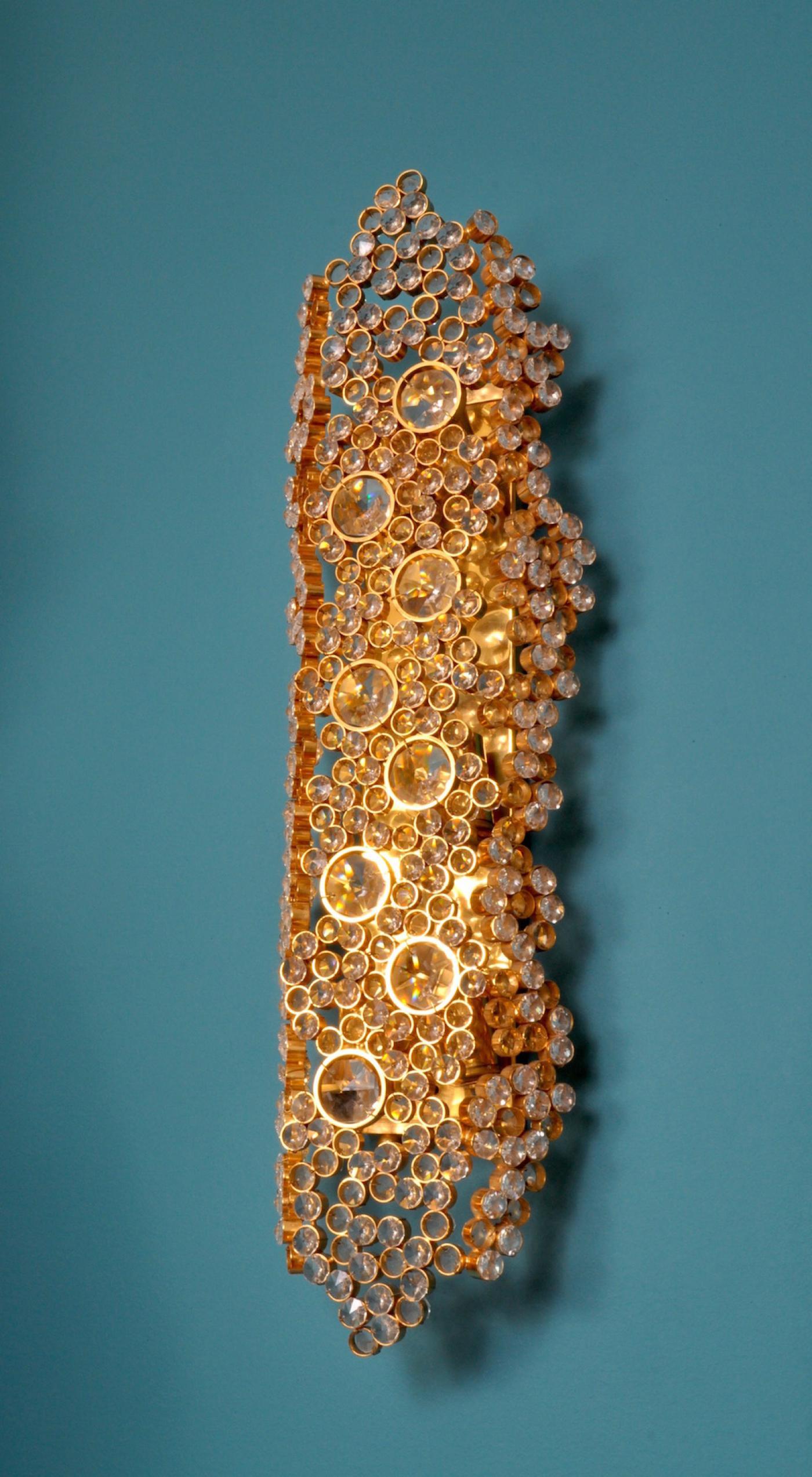Mid-Century Modern Palwa 14-Karat Gold Plated Brass & Cut Crystal Glass Sconce, Germany 1970s