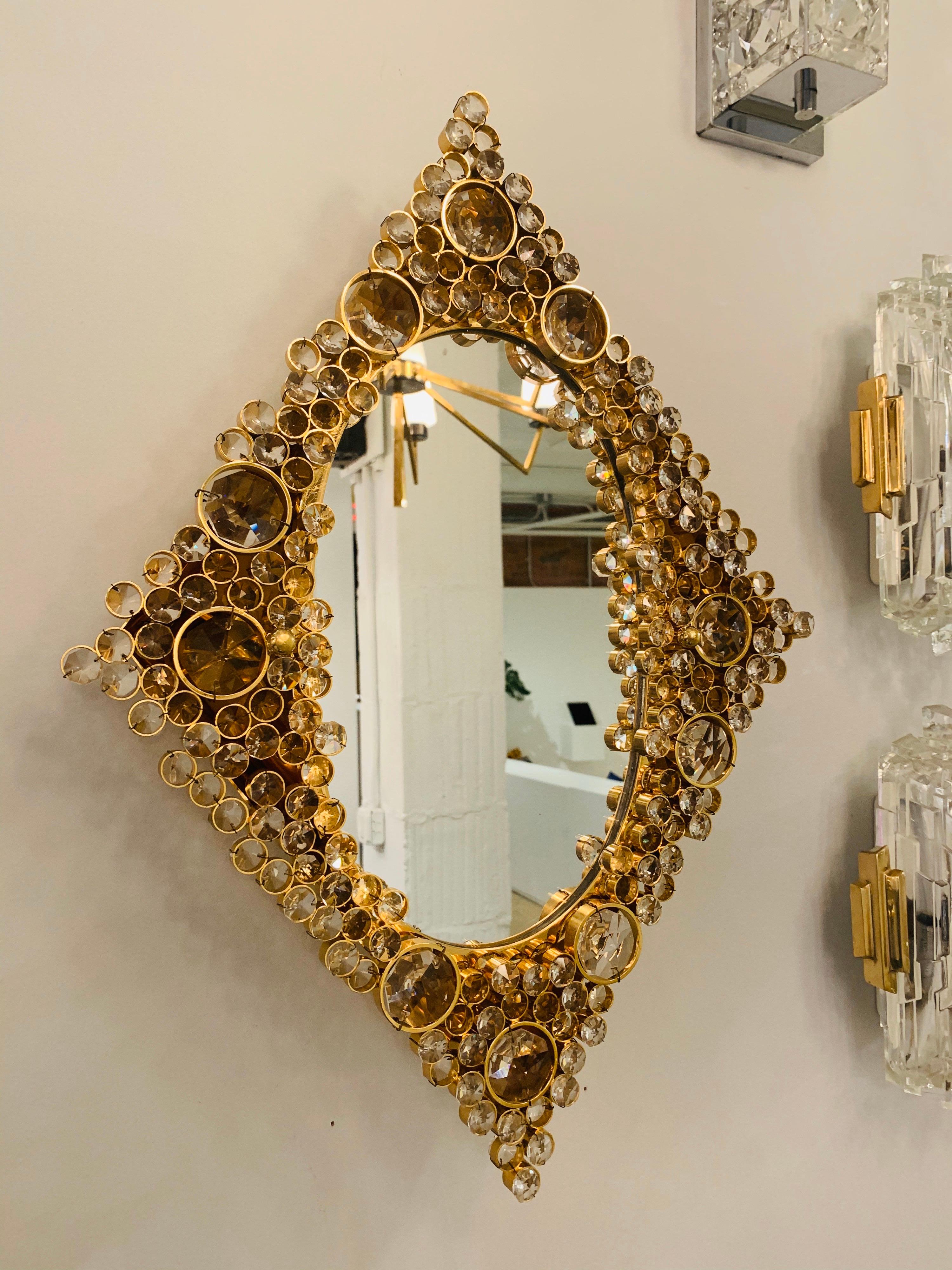 Brass Palwa Austrian 1970s Crystal Back Lit Mirror