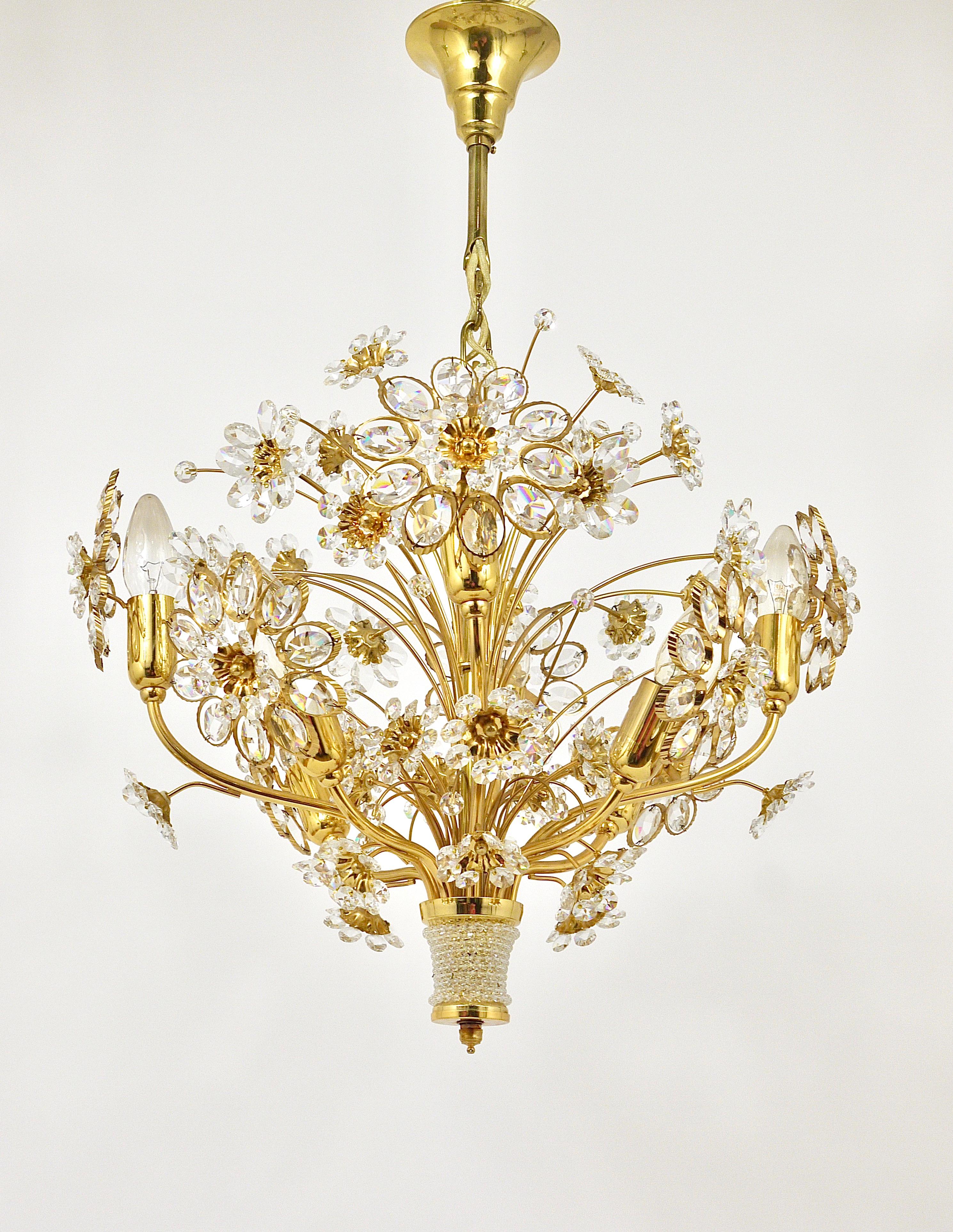 Palwa Bunch of Flowers Chandelier, Gilt Brass and Faceted Crystals, 1970s For Sale 6