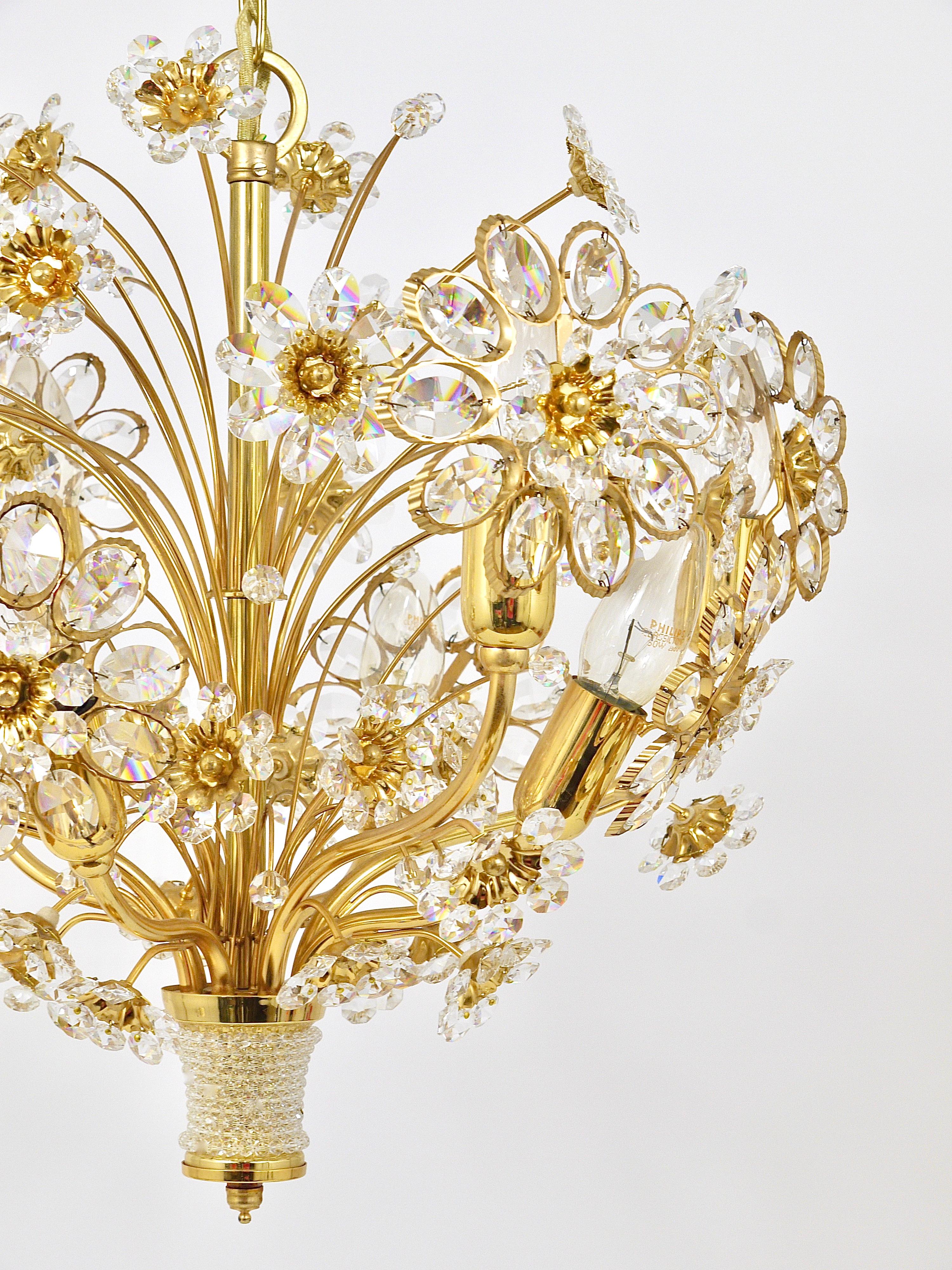 Palwa Bunch of Flowers Chandelier, Gilt Brass and Faceted Crystals, 1970s For Sale 12
