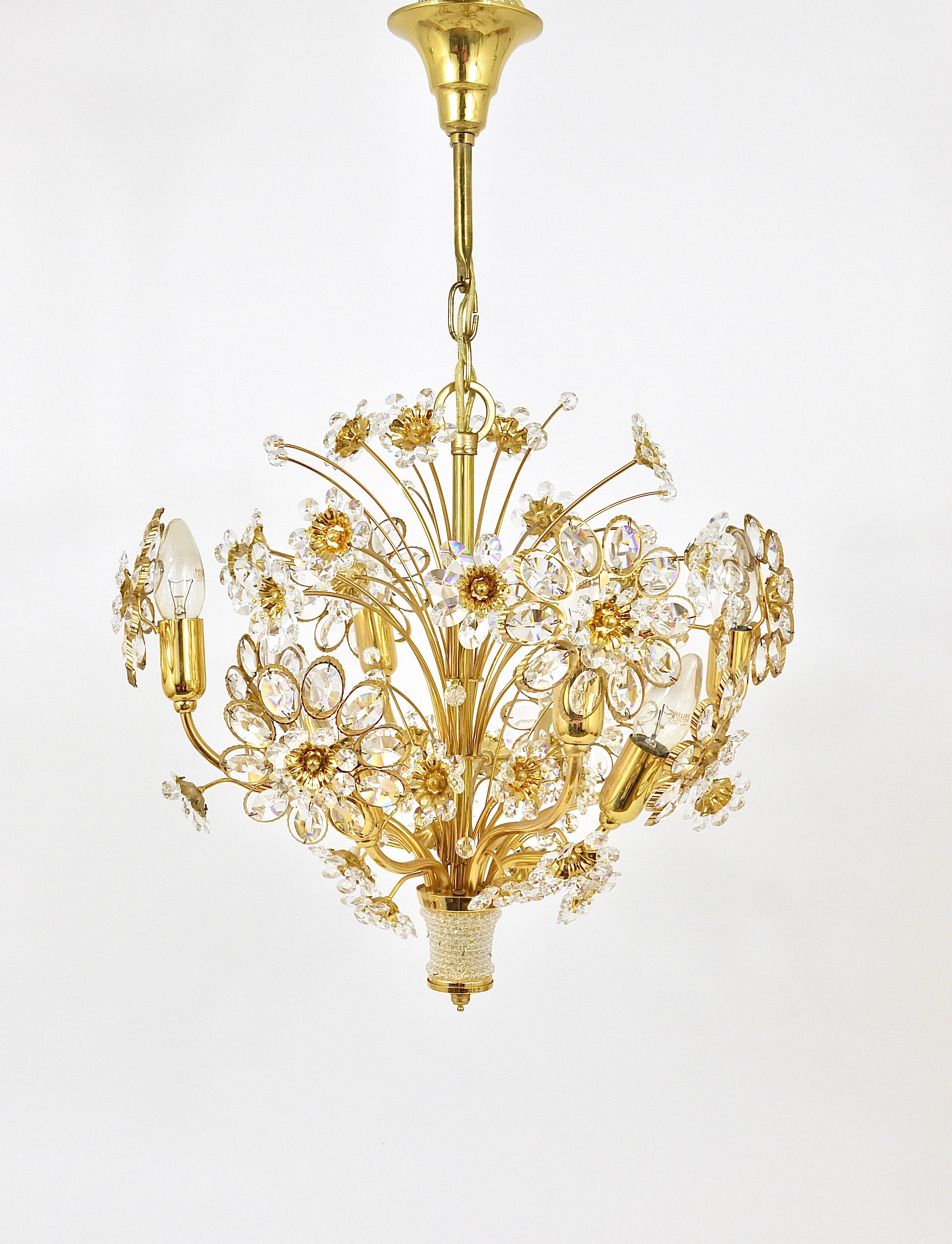 Palwa Bunch of Flowers Chandelier, Gilt Brass and Faceted Crystals, 1970s For Sale 13