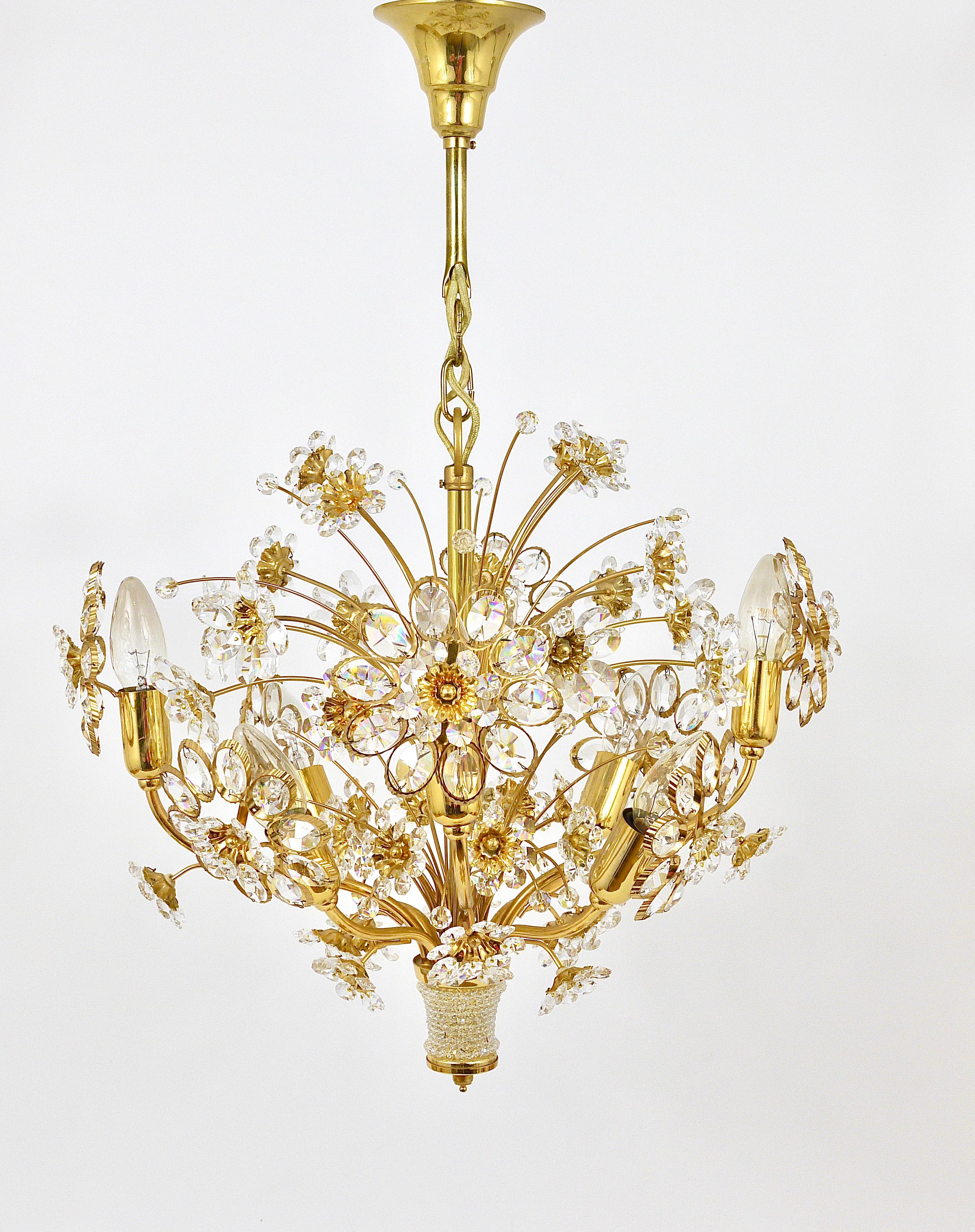 Mid-Century Modern Palwa Bunch of Flowers Chandelier, Gilt Brass and Faceted Crystals, 1970s For Sale