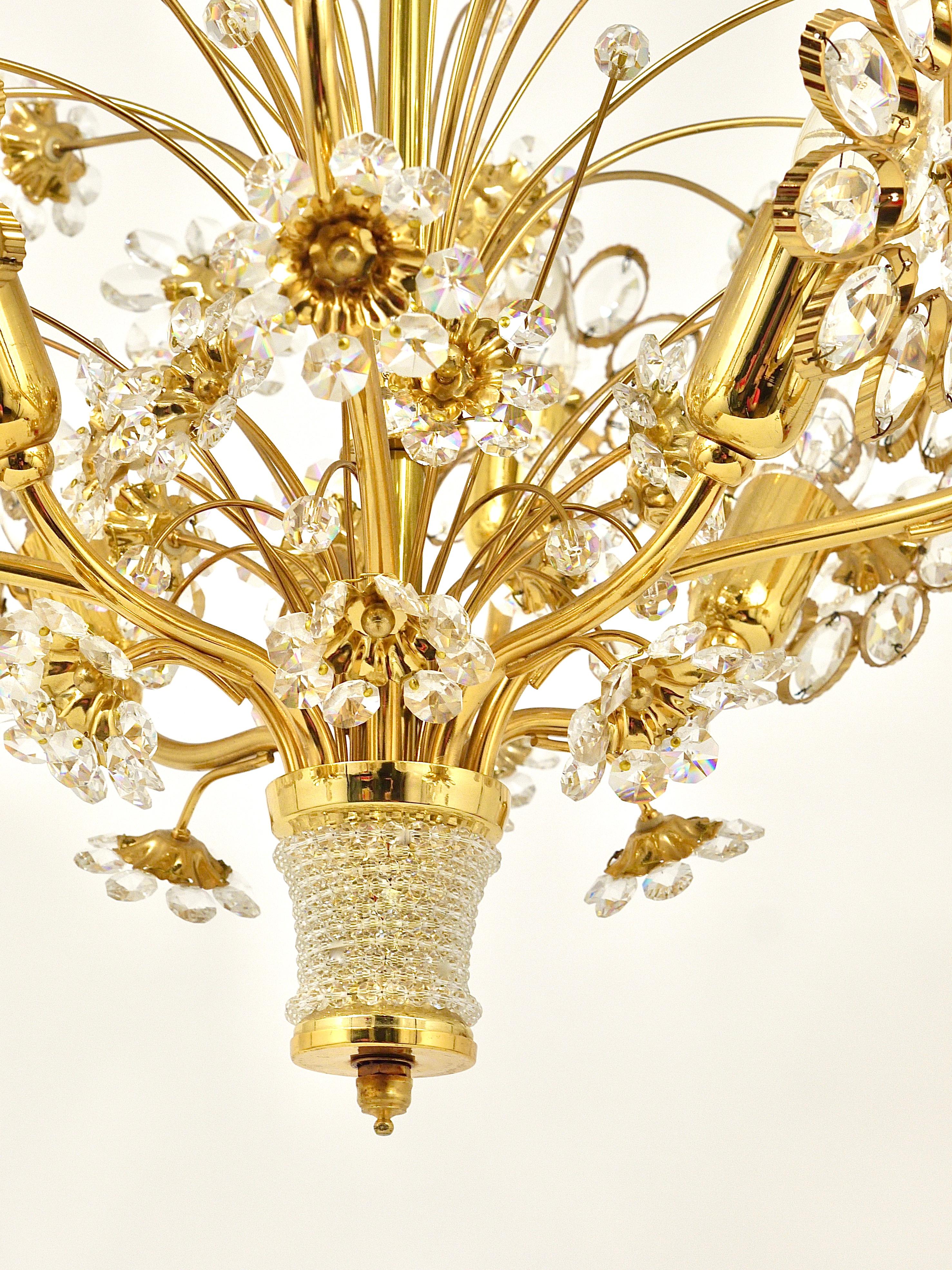 Austrian Palwa Bunch of Flowers Chandelier, Gilt Brass and Faceted Crystals, 1970s For Sale