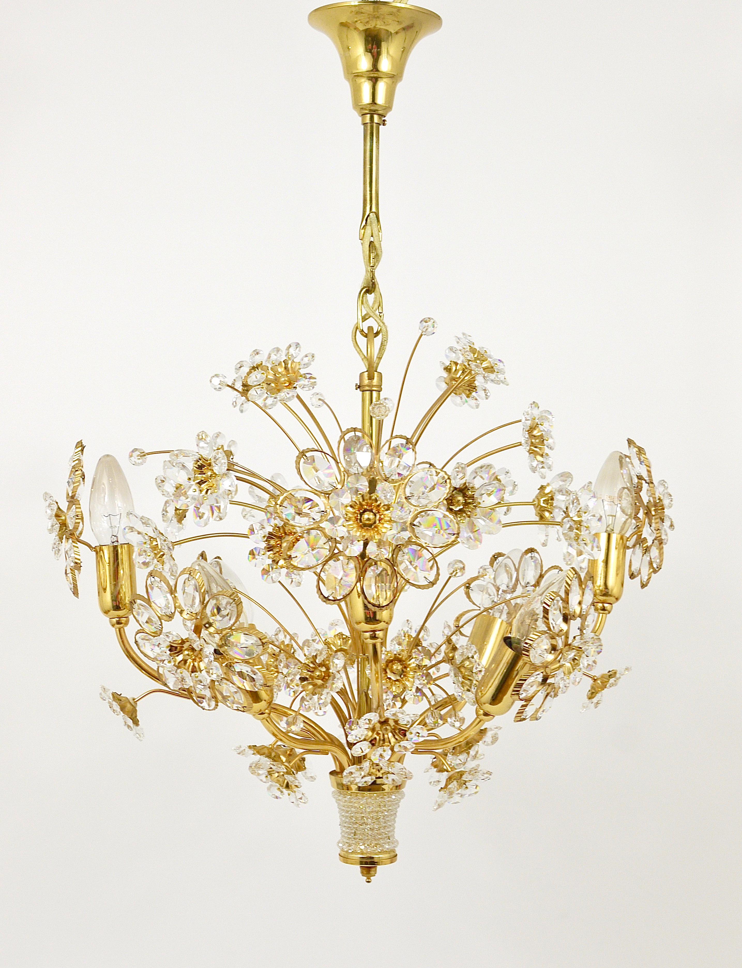 20th Century Palwa Bunch of Flowers Chandelier, Gilt Brass and Faceted Crystals, 1970s For Sale