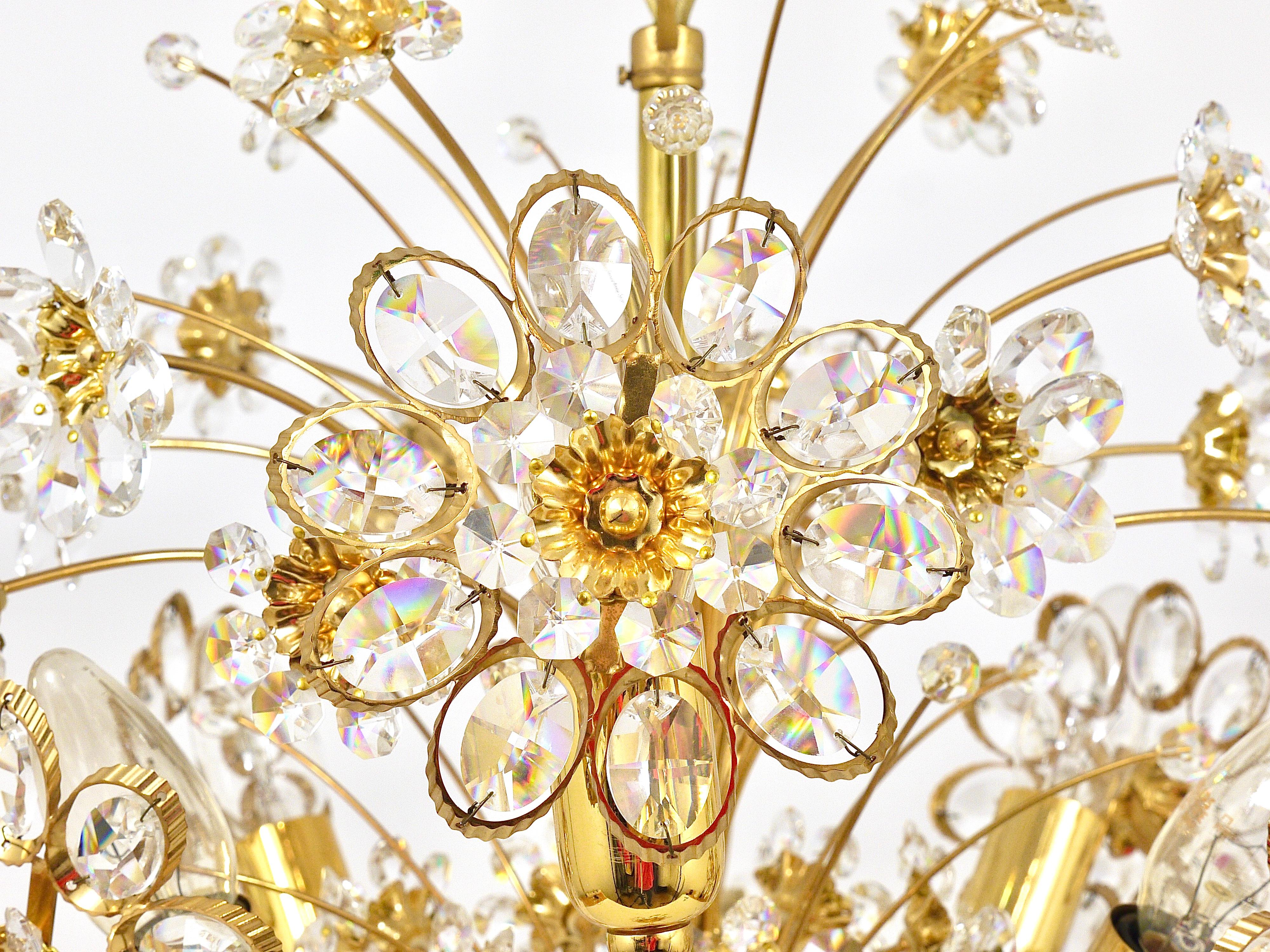 Palwa Bunch of Flowers Chandelier, Gilt Brass and Faceted Crystals, 1970s For Sale 1