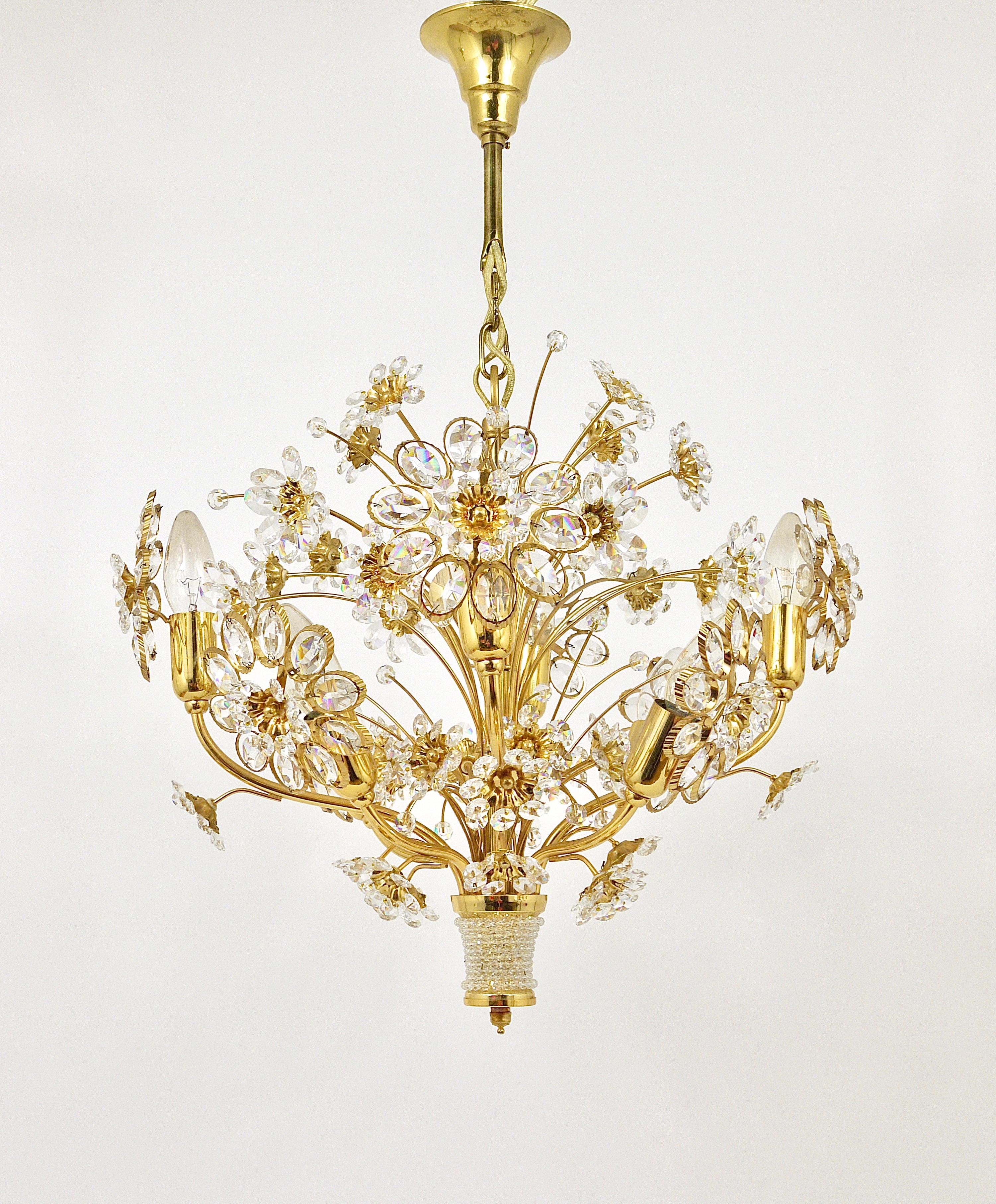 Palwa Bunch of Flowers Chandelier, Gilt Brass and Faceted Crystals, 1970s For Sale 2