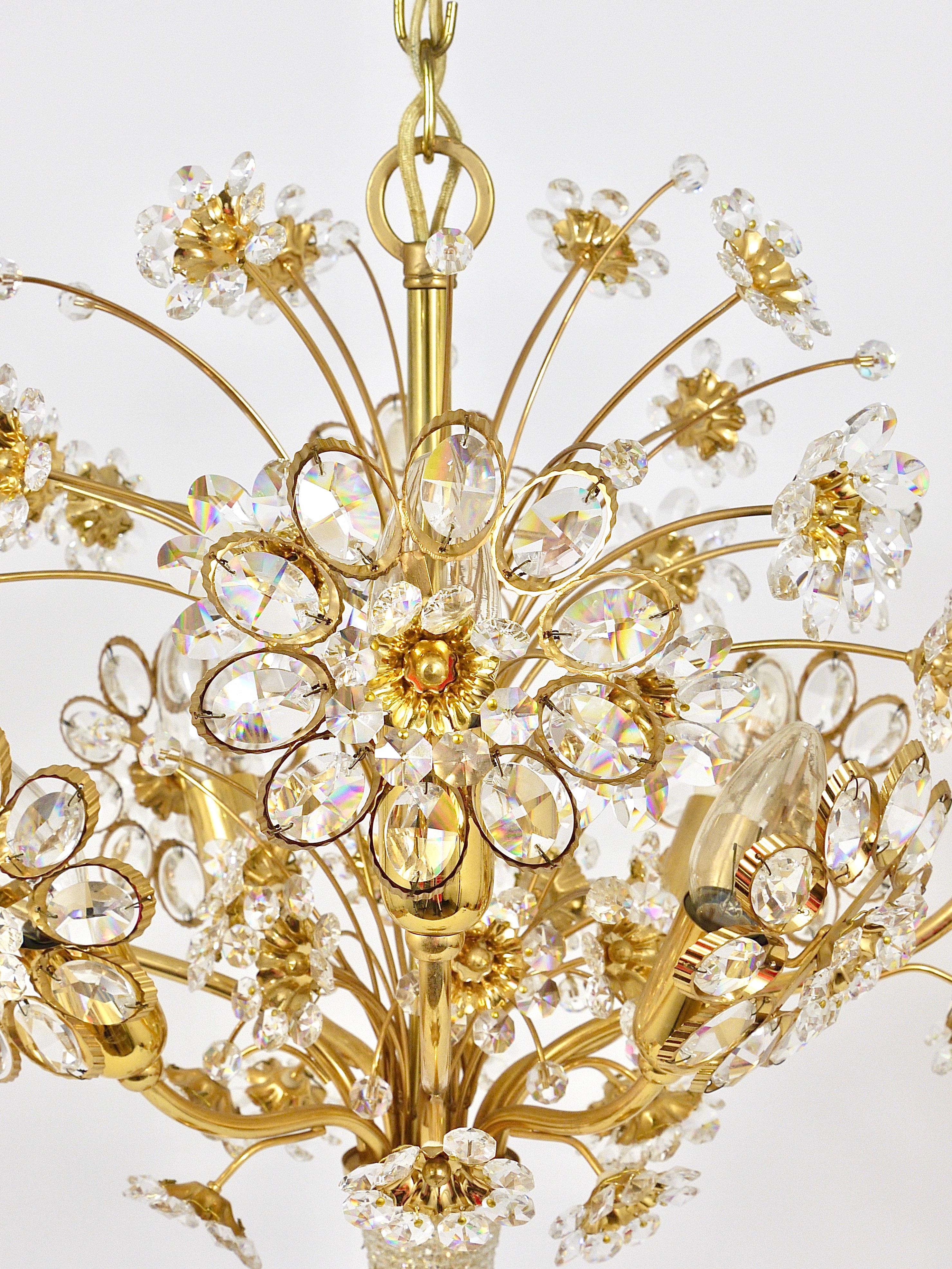 Palwa Bunch of Flowers Chandelier, Gilt Brass and Faceted Crystals, 1970s For Sale 3
