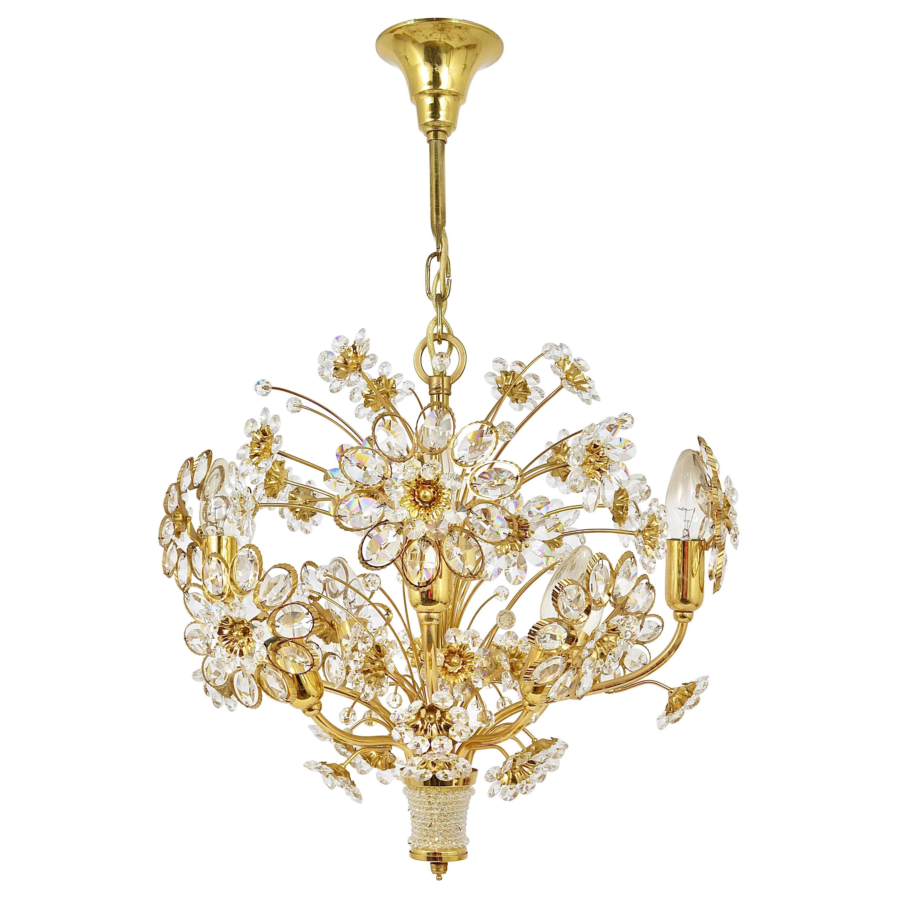 Palwa Bunch of Flowers Chandelier, Gilt Brass and Faceted Crystals, 1970s For Sale