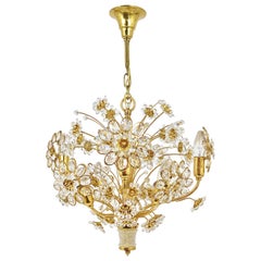 Palwa Bunch of Flowers Chandelier, Gilt Brass and Faceted Crystals, 1970s