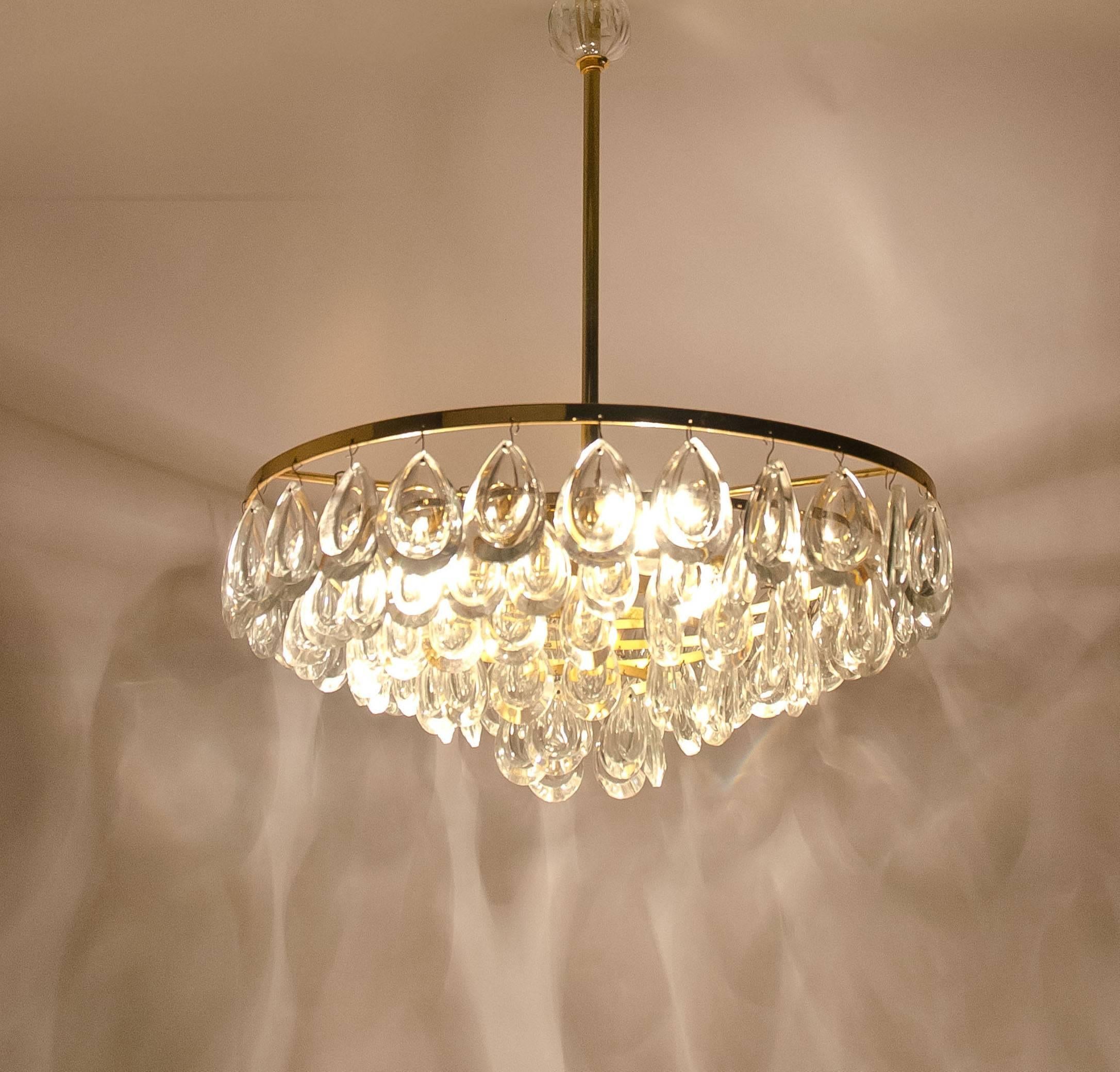 German Palwa Chandelier, Gilded Brass and Faceted Crystal, 1960s For Sale
