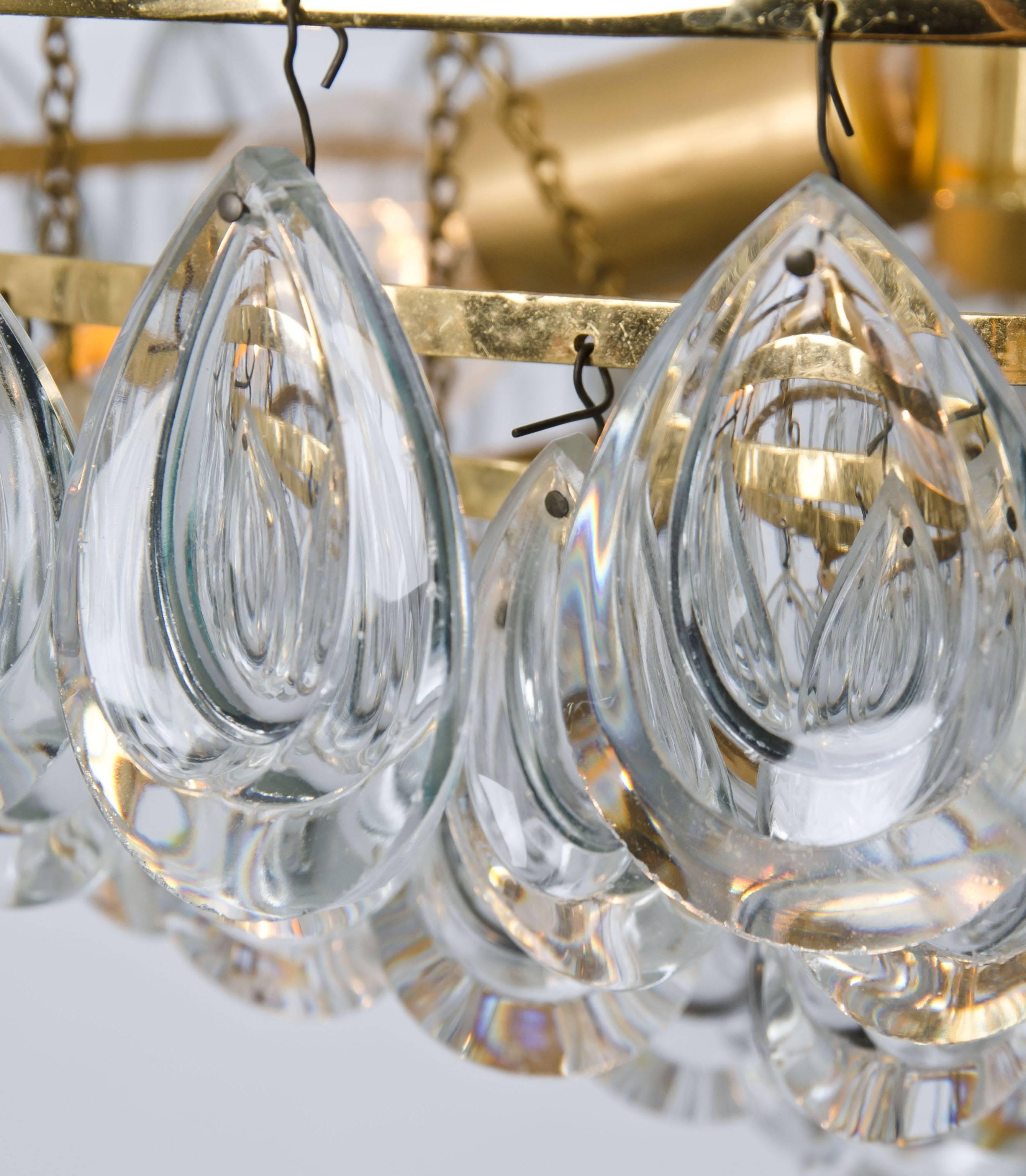 Palwa Chandelier, Gilded Brass and Faceted Crystal, 1960s In Good Condition For Sale In Rijssen, NL