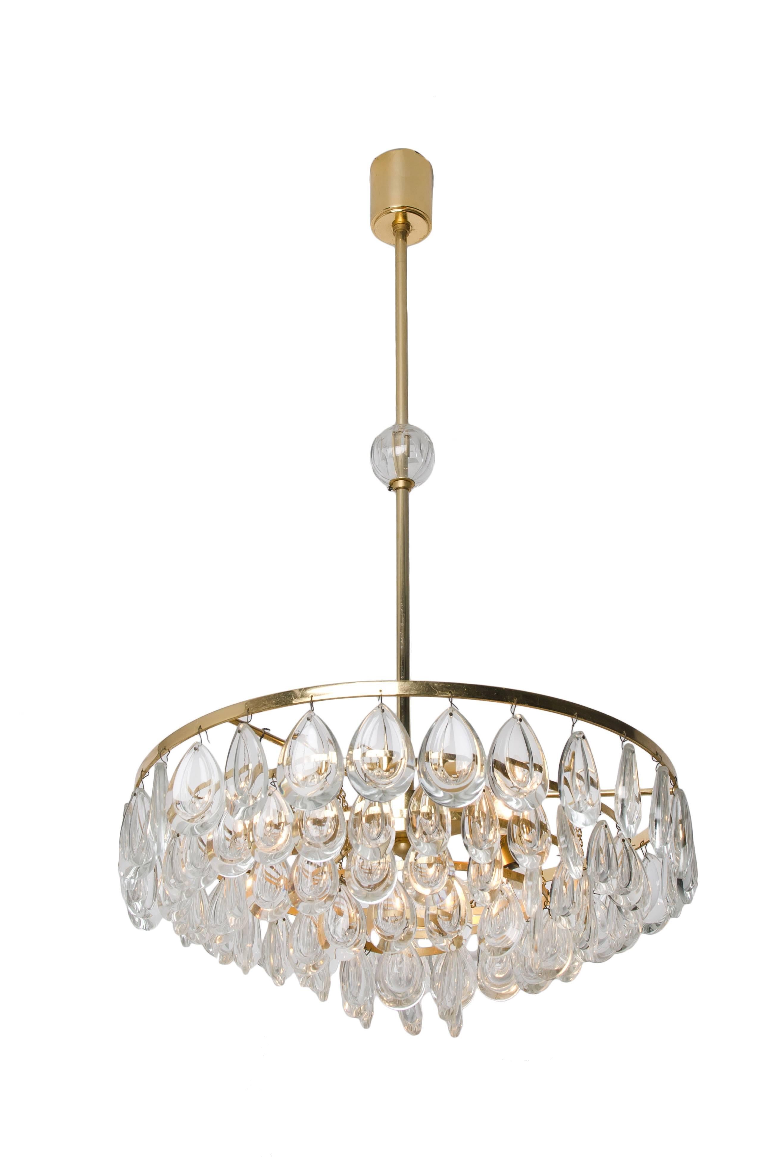 Glass Palwa Chandelier, Gilded Brass and Faceted Crystal, 1960s For Sale