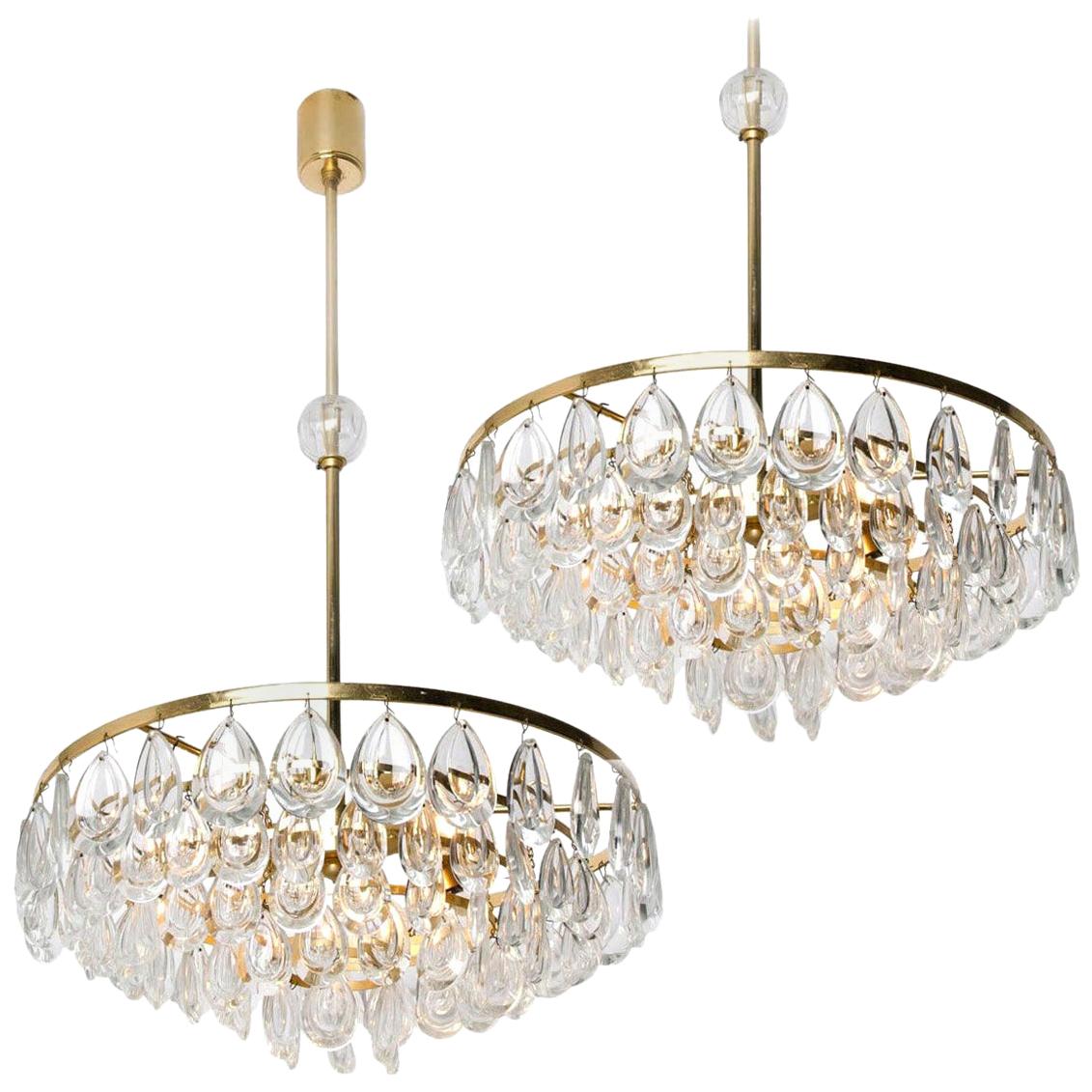 Palwa Chandelier, Gilded Brass and Faceted Crystal, 1960s For Sale