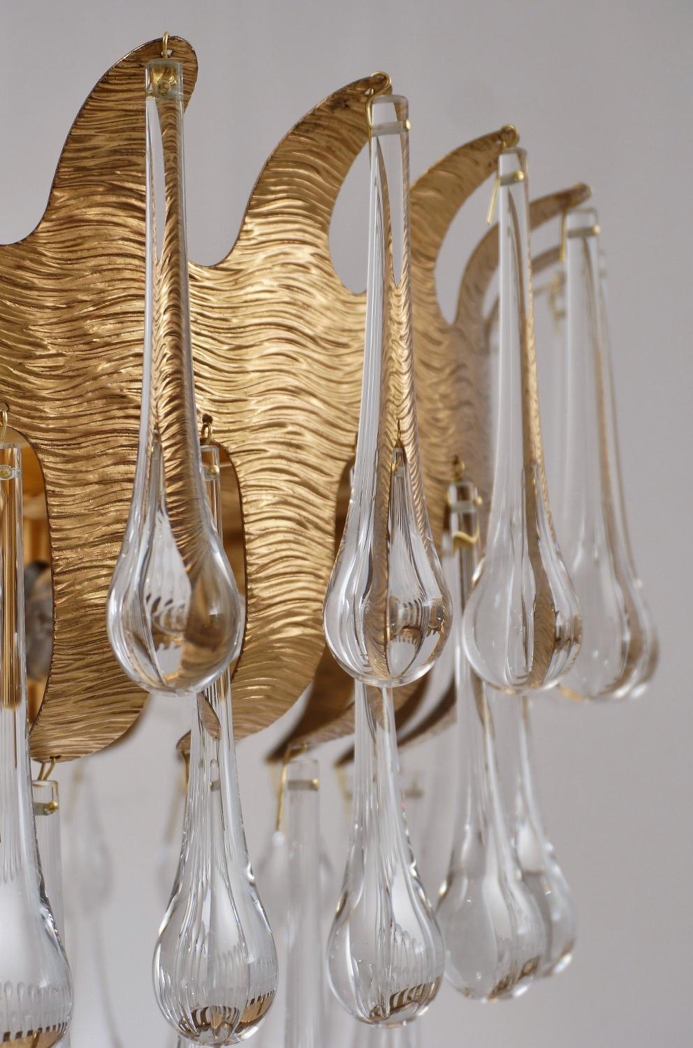 Brutalist Palwa Chandelier Gold Plated Gilt Brass and Crystal by Ernst Palme, 1960s German For Sale