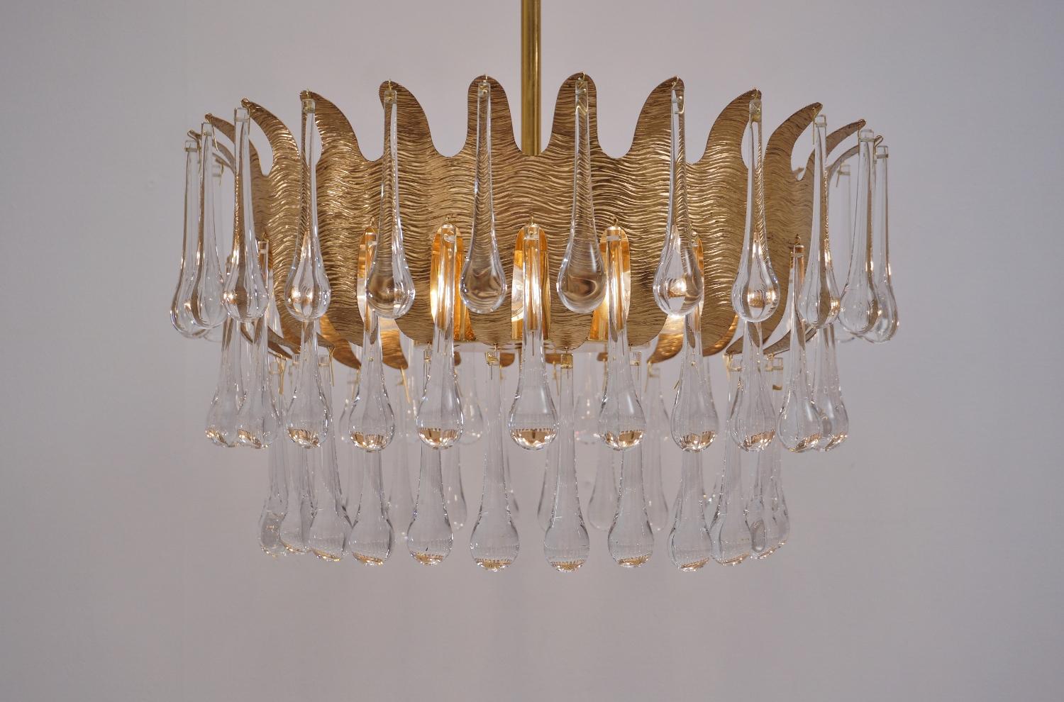 Mid-20th Century Palwa Chandelier Gold Plated Gilt Brass and Crystal by Ernst Palme, 1960s German For Sale