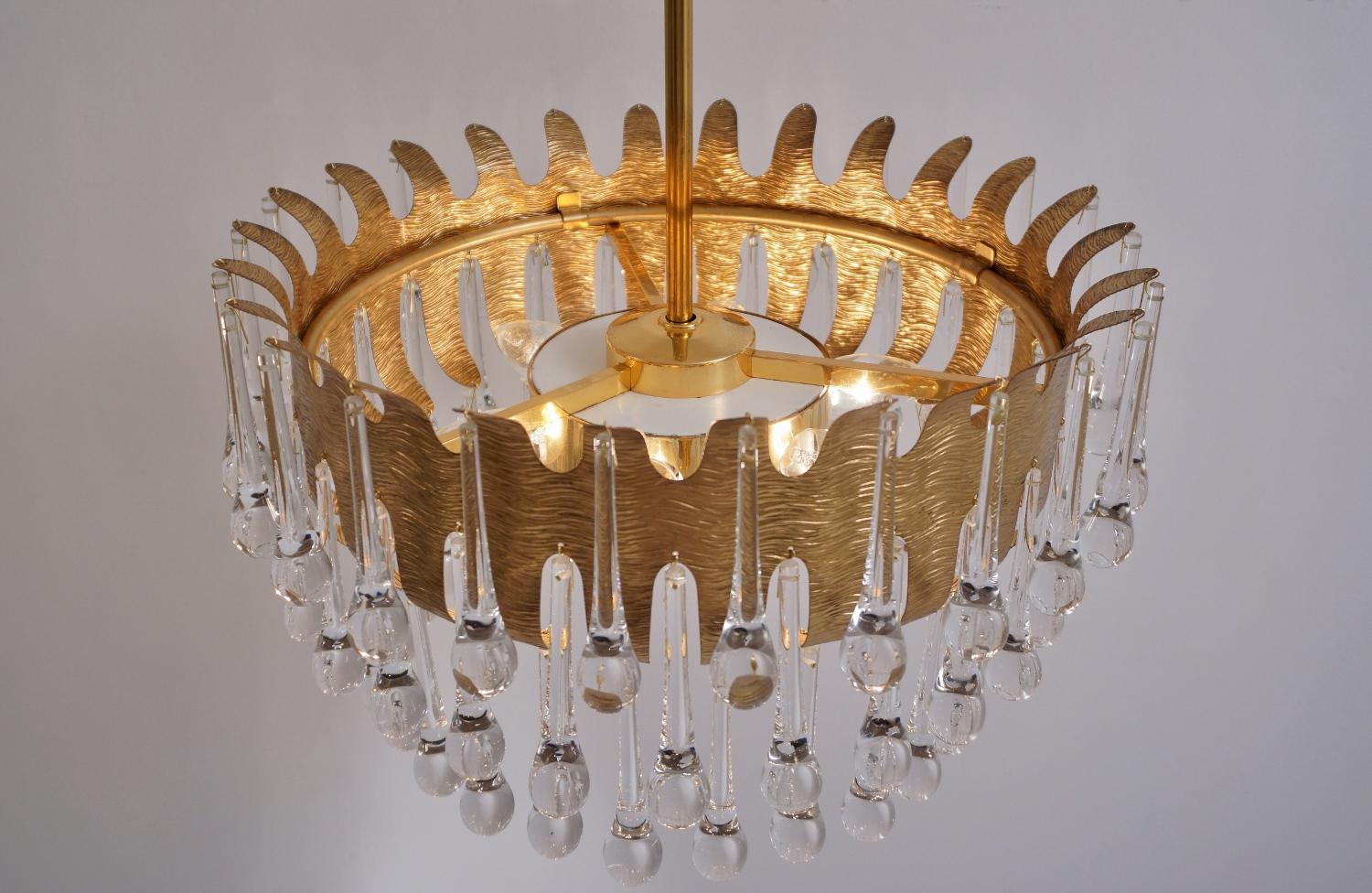 Palwa Chandelier Gold Plated Gilt Brass and Crystal by Ernst Palme, 1960s German For Sale 4