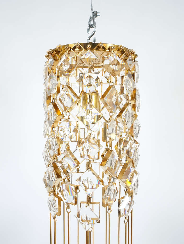 Palwa Chandelier Golden Brass and Crystal Column Ceiling Lamp, 1960 In Good Condition For Sale In Vienna, AT