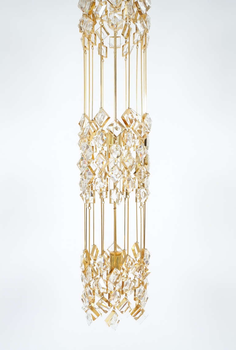 Mid-20th Century Palwa Chandelier Golden Brass and Crystal Column Ceiling Lamp, 1960 For Sale