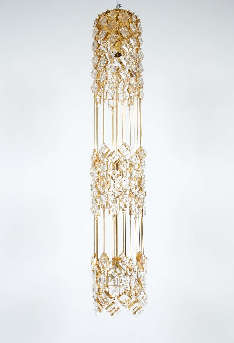 Palwa Chandelier Golden Brass and Crystal Column Ceiling Lamp, 1960 For Sale 2
