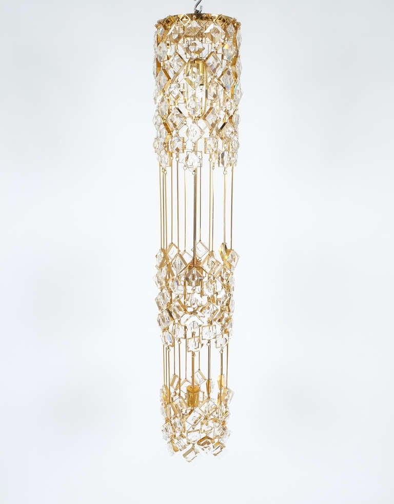 Palwa Chandelier Golden Brass and Crystal Column Ceiling Lamp, 1960 For Sale 3