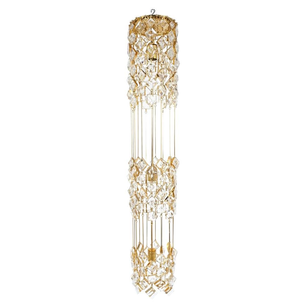 Palwa Chandelier Golden Brass and Crystal Column Ceiling Lamp, 1960 For Sale