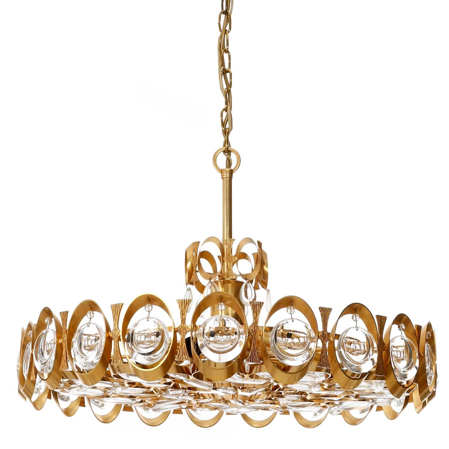 Palwa Chandelier or Pendant Light, Gilt Brass and Crystal Glass, 1970 4