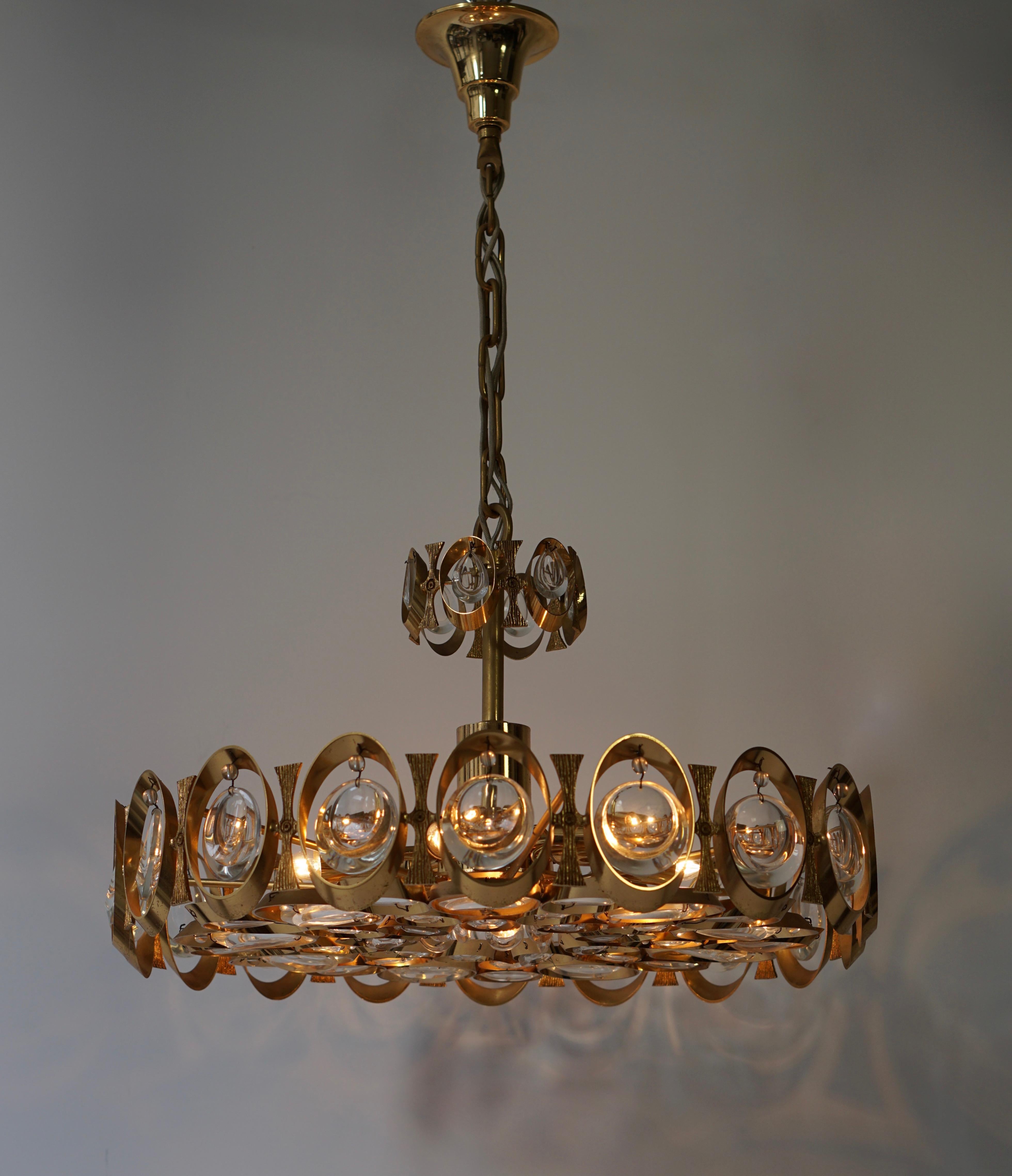 Palwa Chandelier or Pendant Light, Gilt Brass and Crystal Glass, 1970 For Sale 3