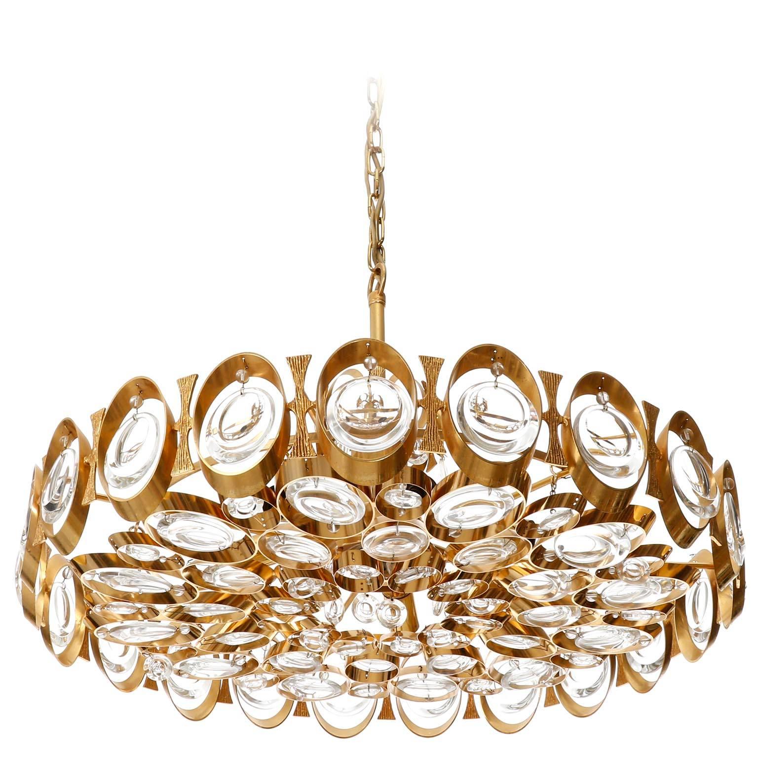 Palwa Chandelier or Pendant Light, Gilt Brass and Crystal Glass, 1970 5