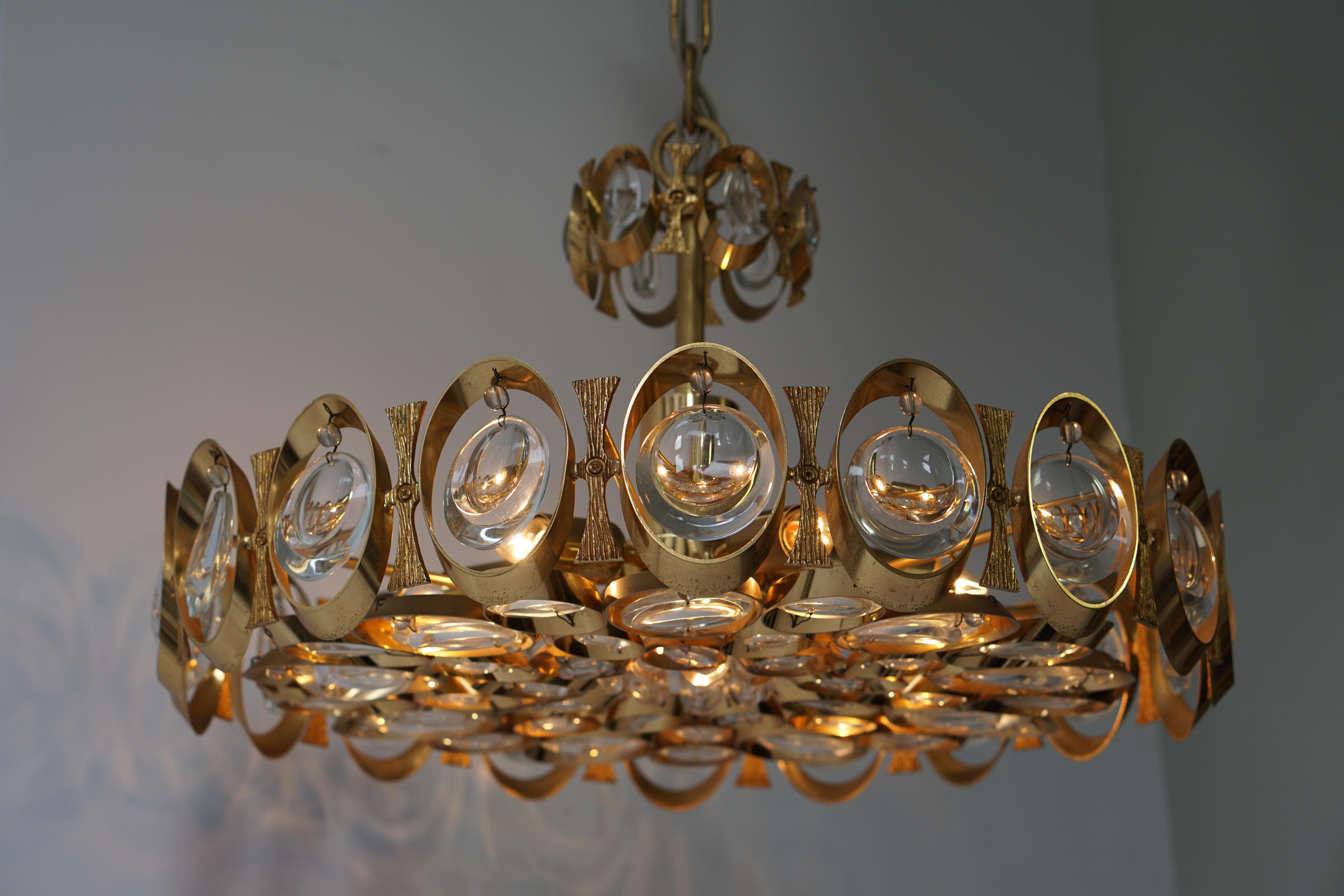 Palwa Chandelier or Pendant Light, Gilt Brass and Crystal Glass, 1970 For Sale 4