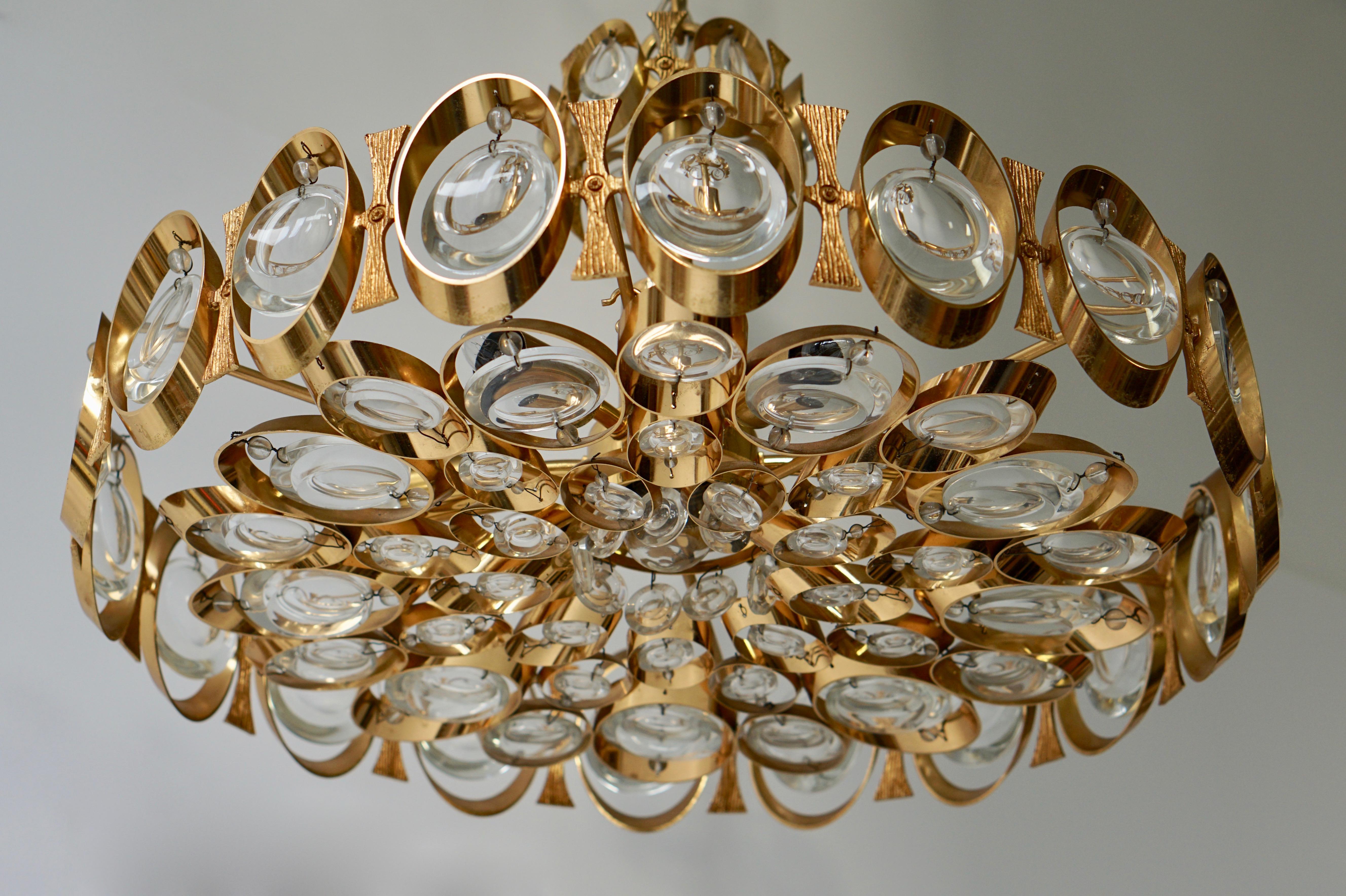 Palwa Chandelier or Pendant Light, Gilt Brass and Crystal Glass, 1970 For Sale 5