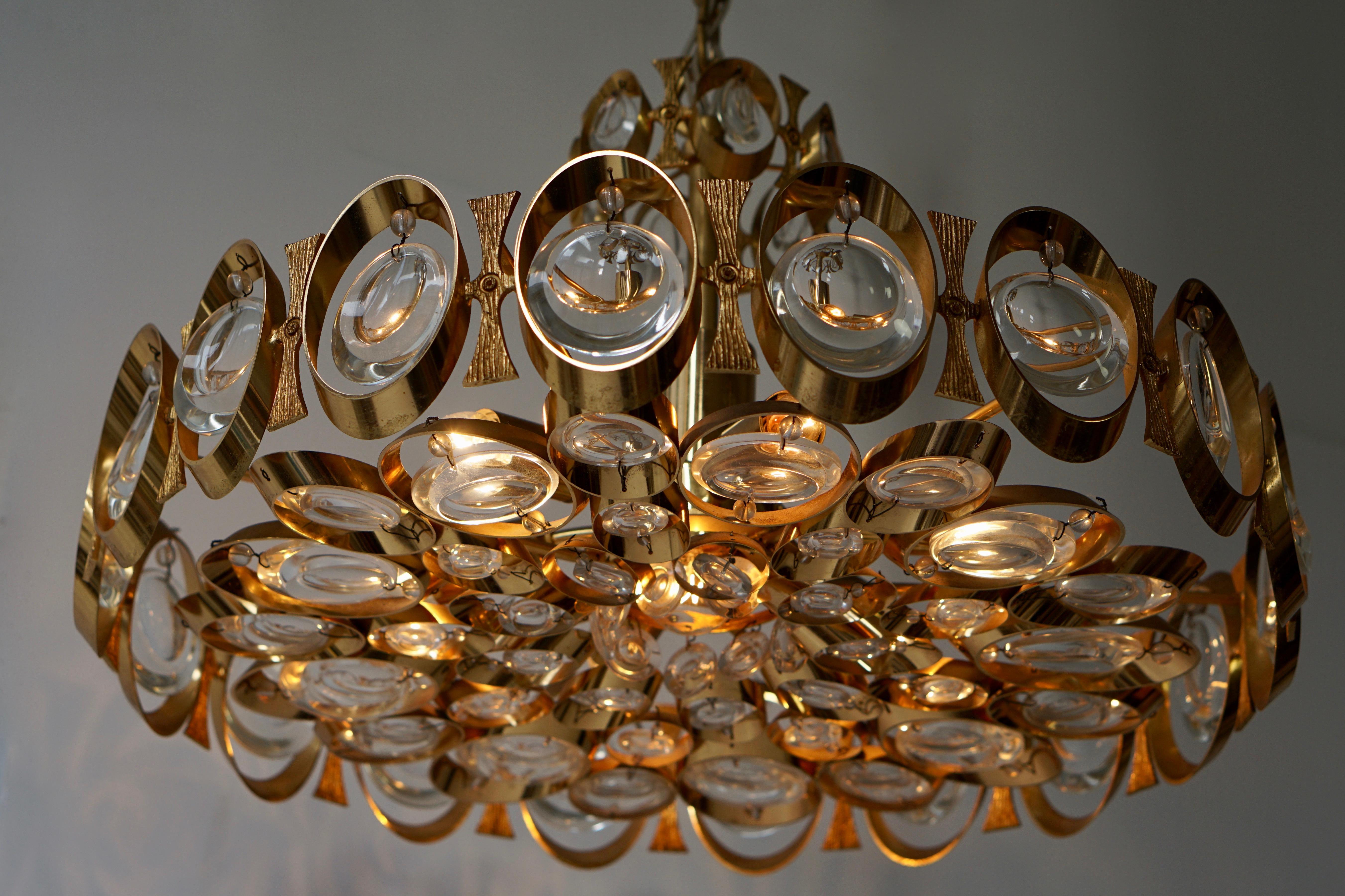 Palwa Chandelier or Pendant Light, Gilt Brass and Crystal Glass, 1970 For Sale 6