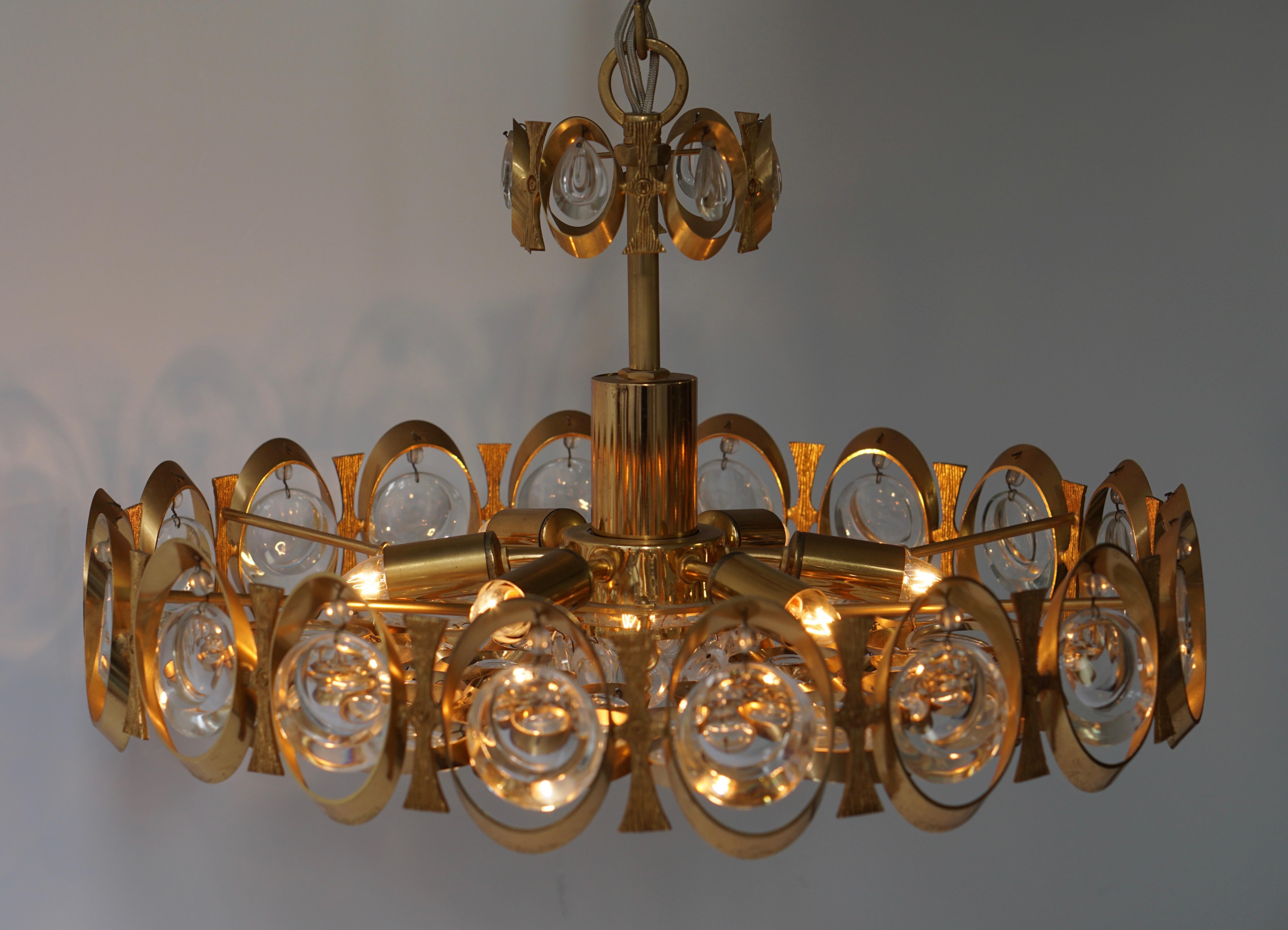 Palwa Chandelier or Pendant Light, Gilt Brass and Crystal Glass, 1970 For Sale 7