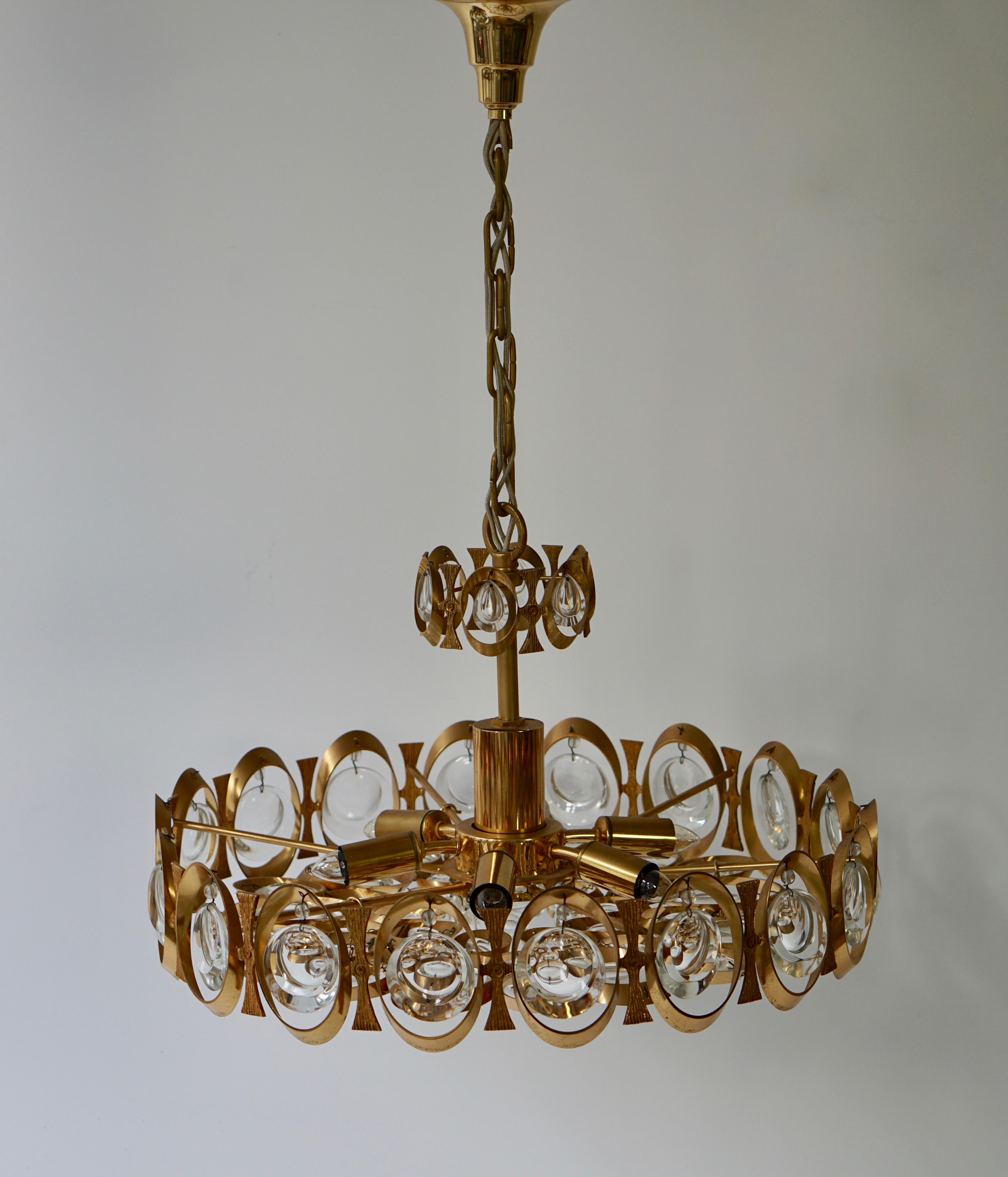 Palwa Chandelier or Pendant Light, Gilt Brass and Crystal Glass, 1970 For Sale 8