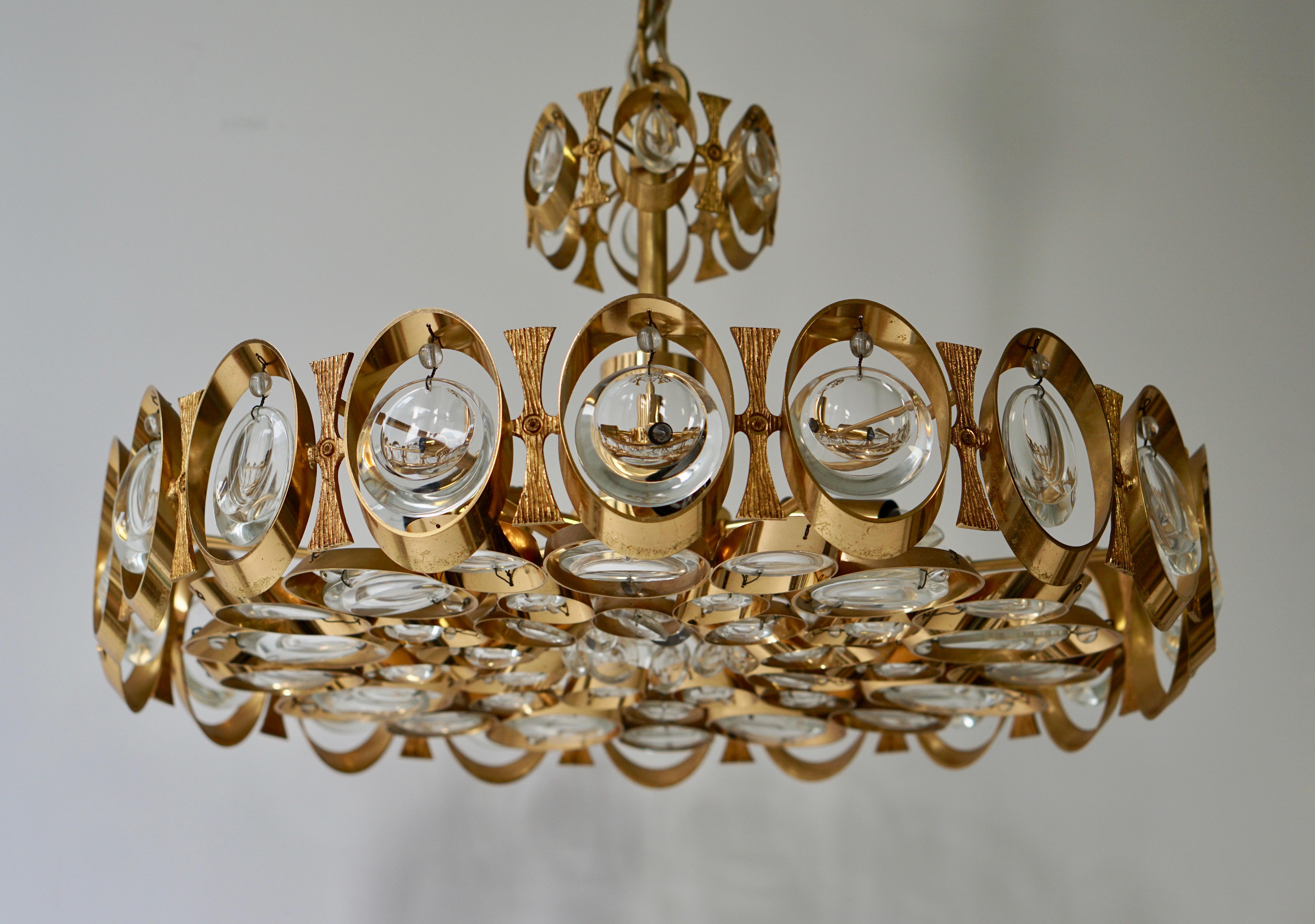 Palwa Chandelier or Pendant Light, Gilt Brass and Crystal Glass, 1970 For Sale 9