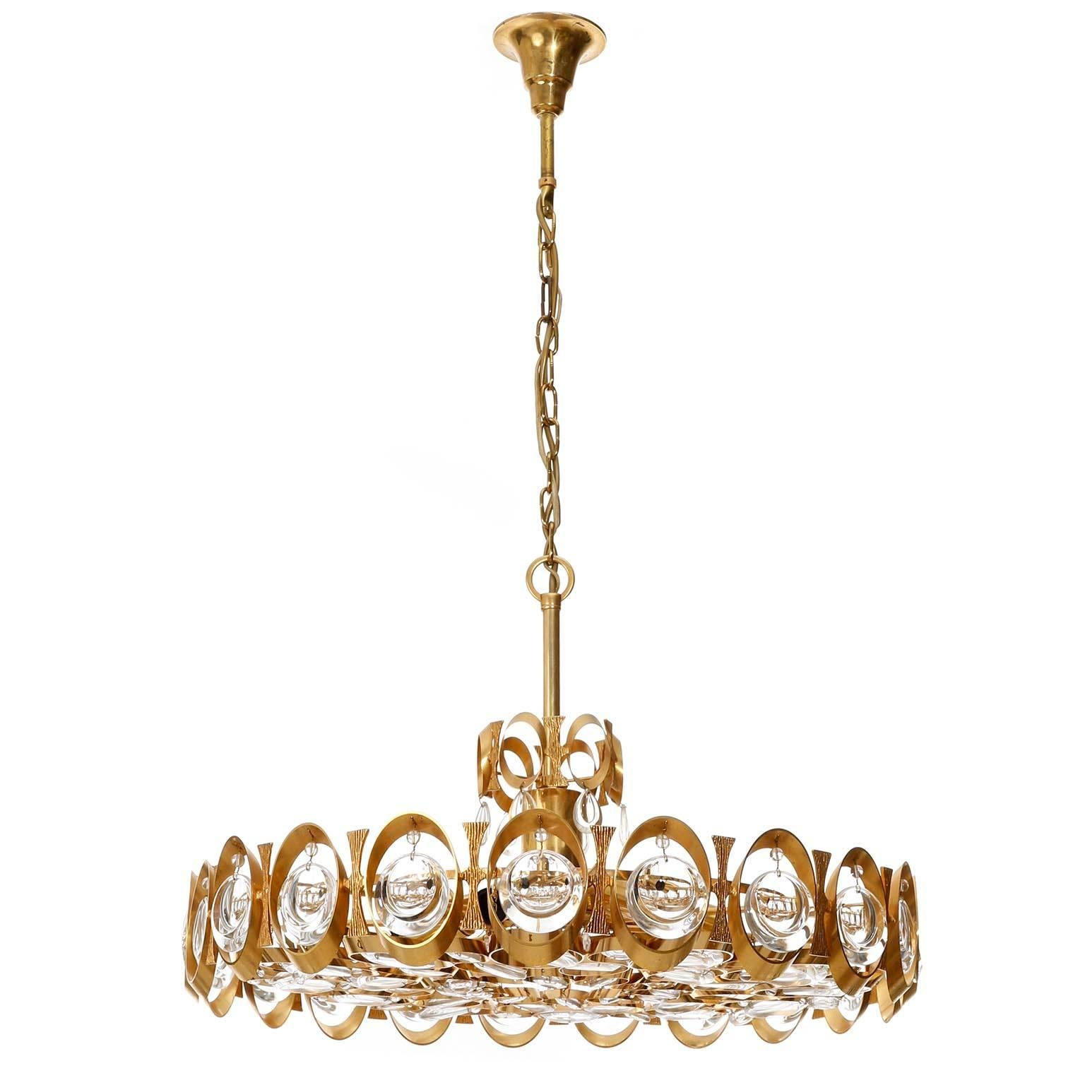 Mid-Century Modern Palwa Chandelier or Pendant Light, Gilt Brass and Crystal Glass, 1970