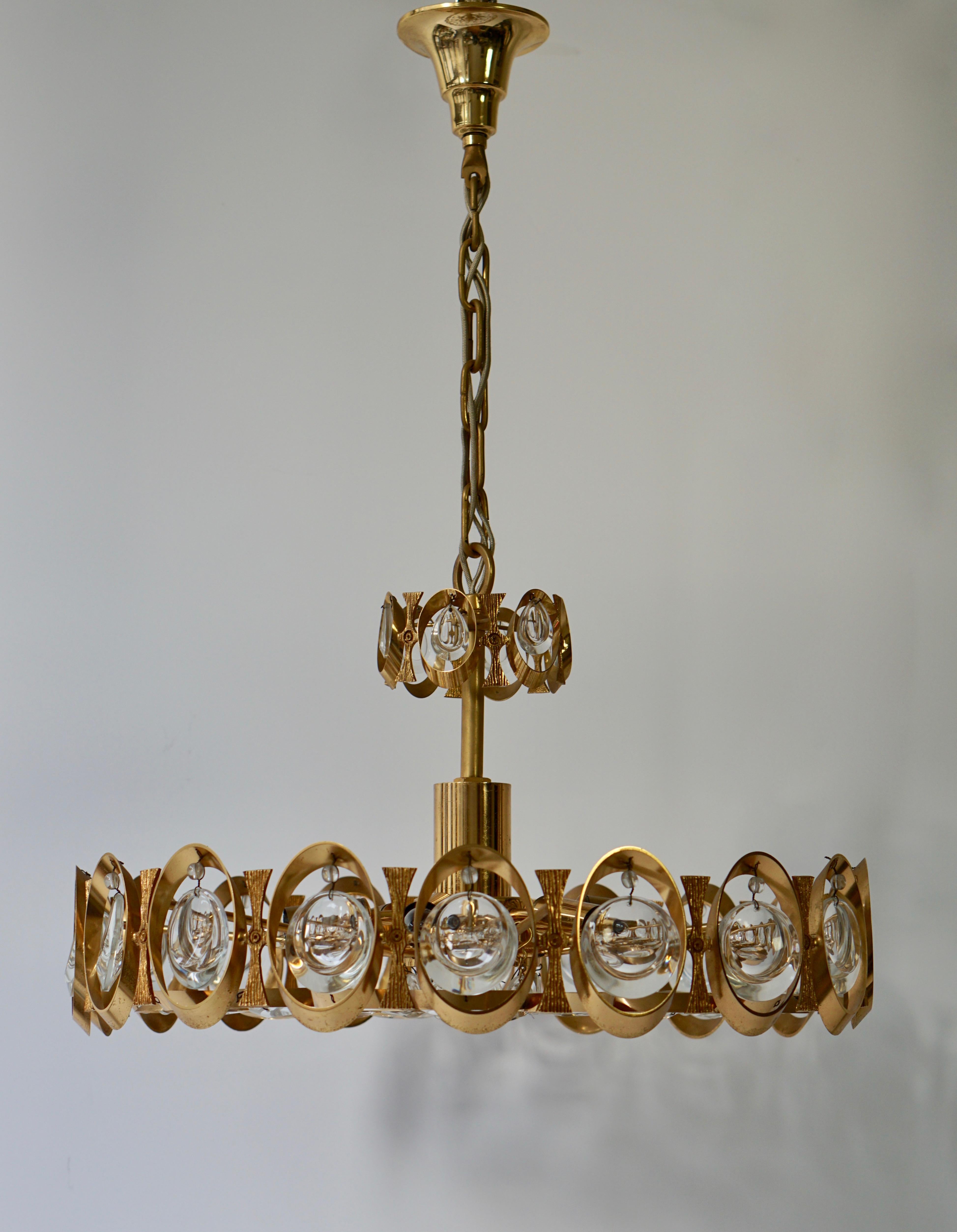 Hollywood Regency Palwa Chandelier or Pendant Light, Gilt Brass and Crystal Glass, 1970 For Sale