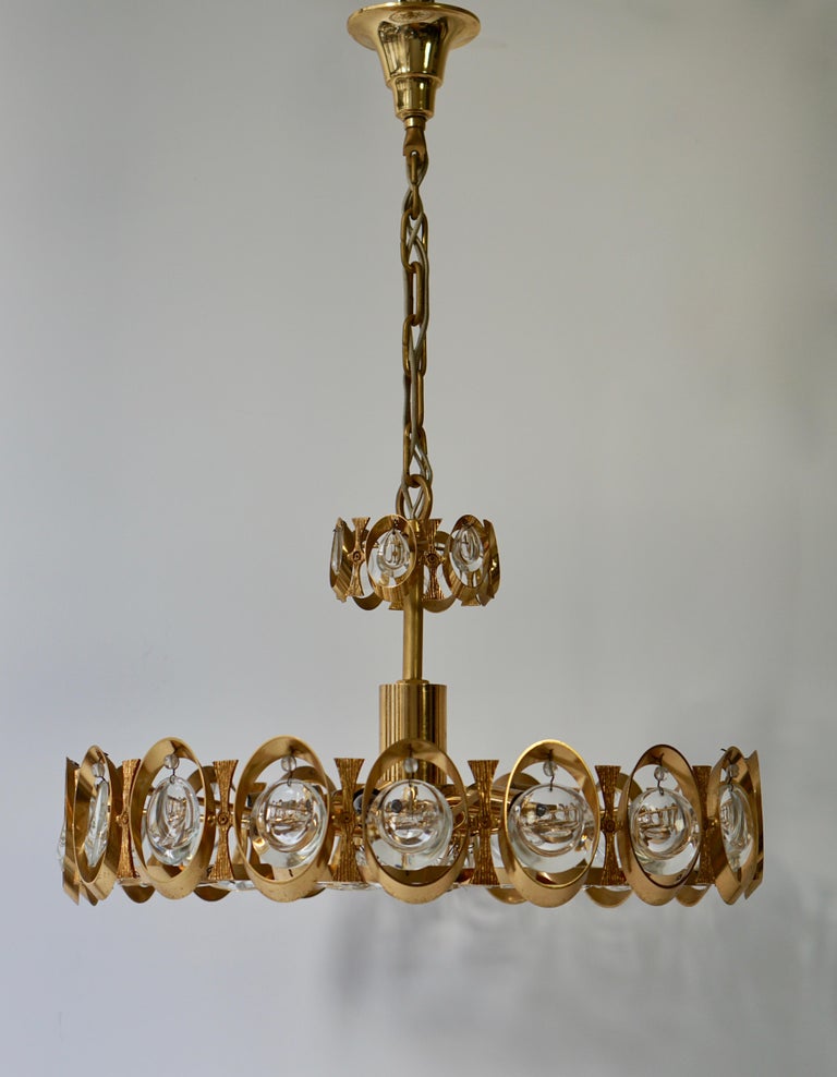 German Palwa Chandelier or Pendant Light, Gilt Brass and Crystal Glass, 1970 For Sale