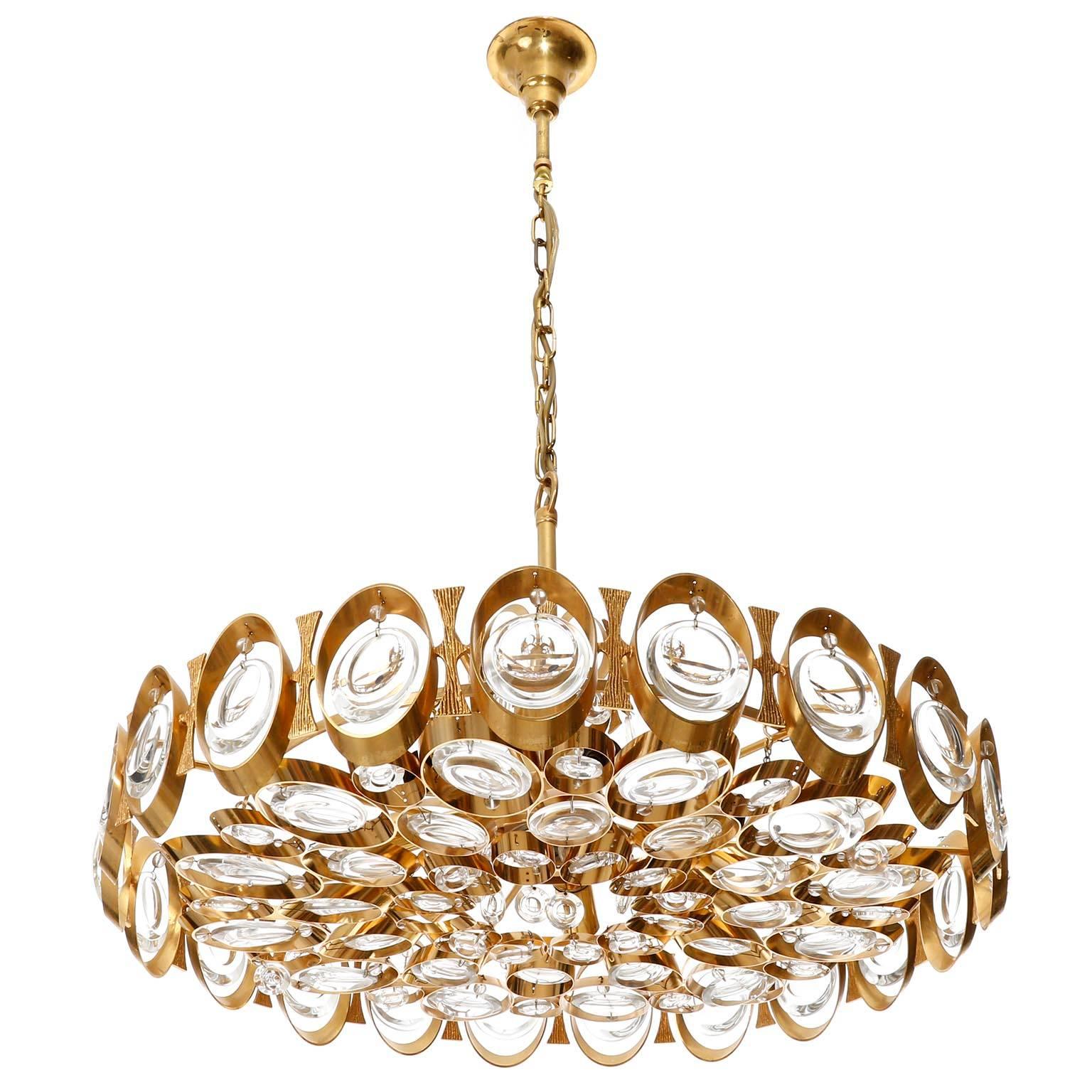 Palwa Chandelier or Pendant Light, Gilt Brass and Crystal Glass, 1970 In Excellent Condition In Hausmannstätten, AT