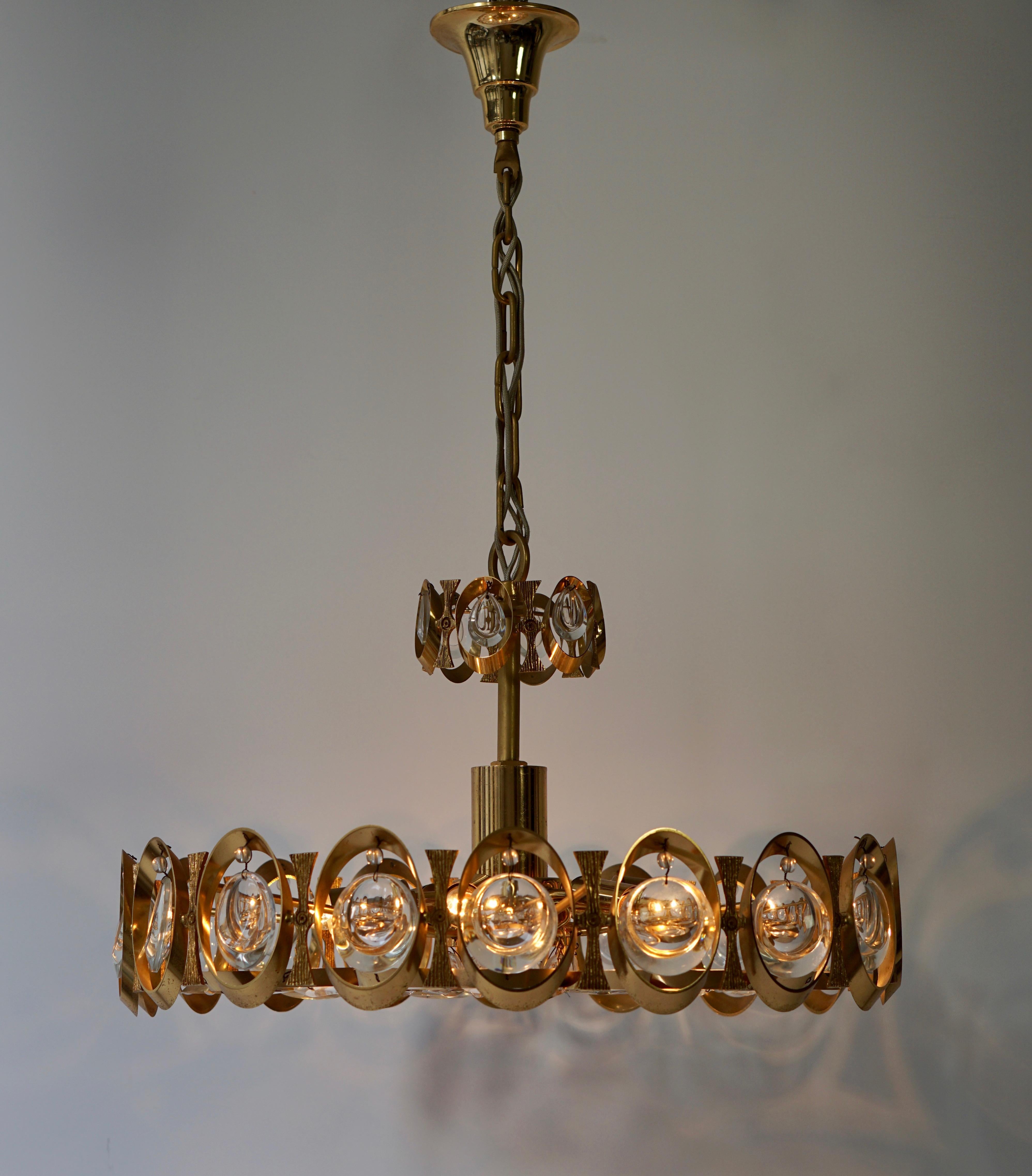 German Palwa Chandelier or Pendant Light, Gilt Brass and Crystal Glass, 1970 For Sale