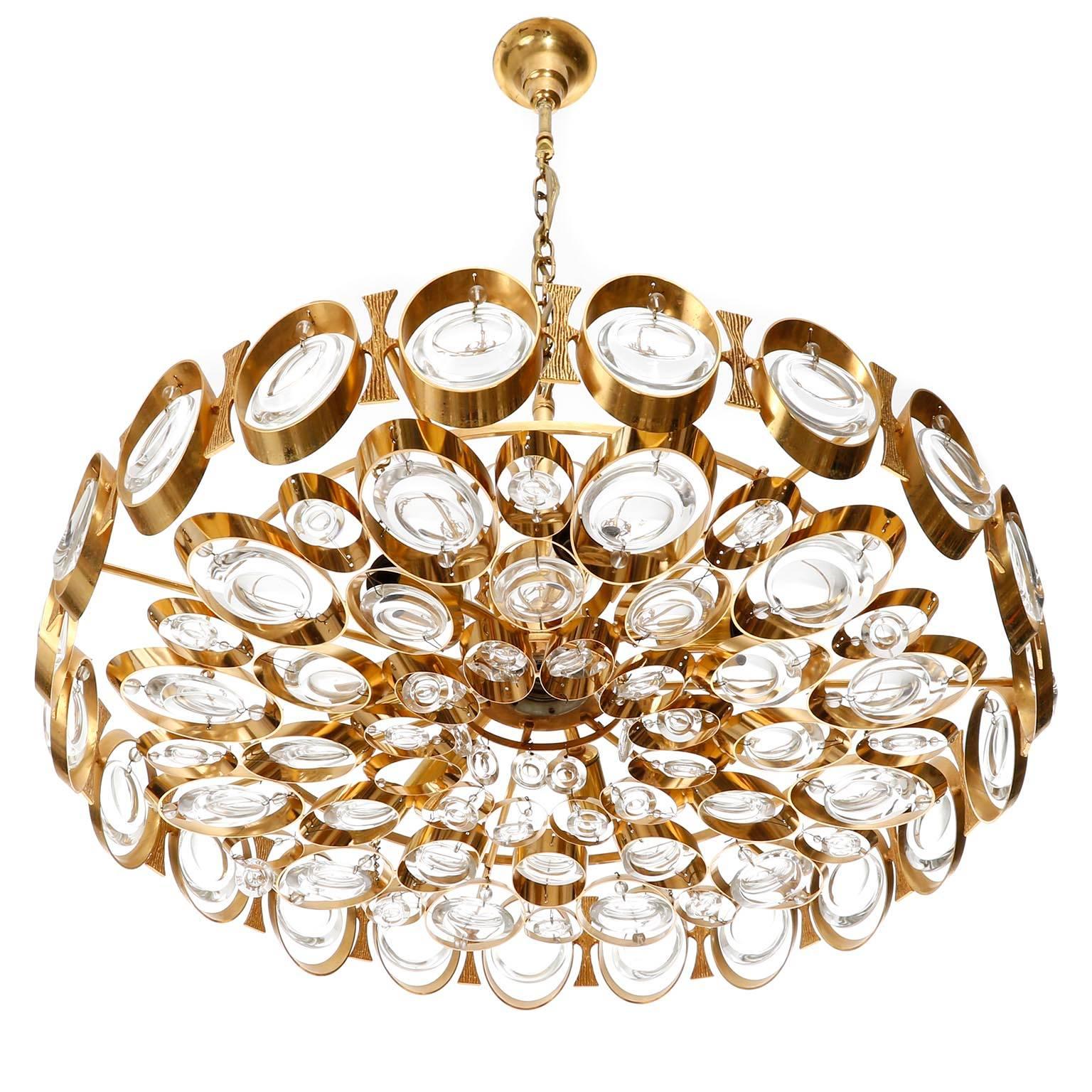 Mid-20th Century Palwa Chandelier or Pendant Light, Gilt Brass and Crystal Glass, 1970